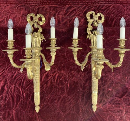 Pair Large Antique Gold Gilt Brass Wall Sconces Lights Louis XV 19th Century