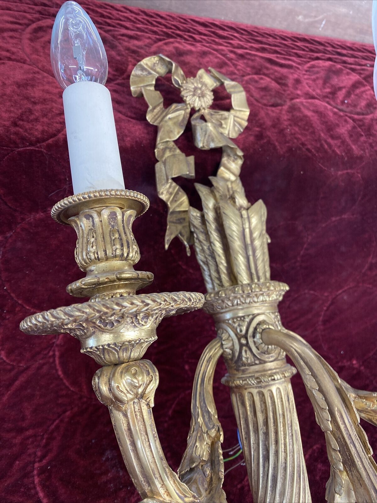 Lighting Pair Large Antique Gold Gilt Brass Wall Sconces Lights Louis XV 19th Century photo