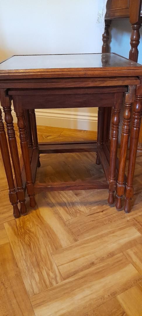 Nest Of 3 Pakistani Marquetry Carved Fretwork Wooden Side Coffee Lamp Tables Glass Top photo for sale