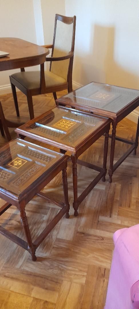 Nest Of 3 Pakistani Marquetry Carved Fretwork Wooden Side Coffee Lamp Tables Glass Top