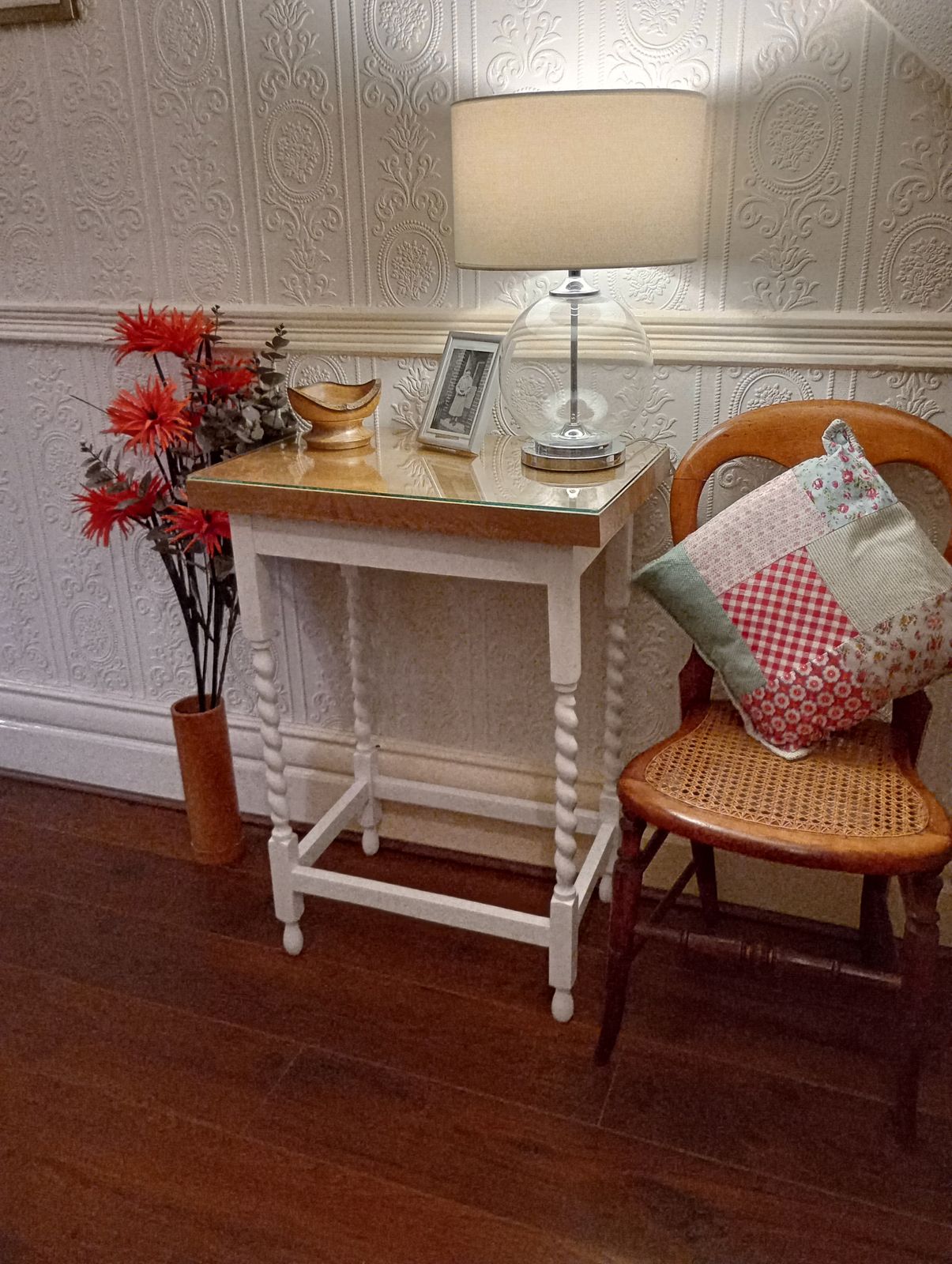 Anitque Oak Barley Twist Leg Side Table In Satin White With Solid Oak Glazed Top photo furniture