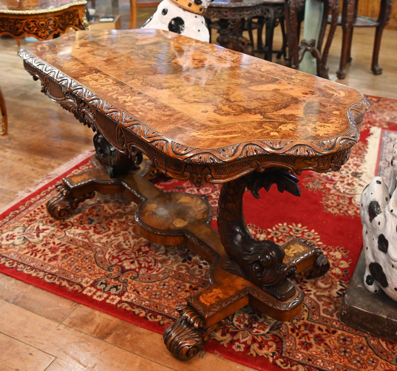 Carved Italian Hall Table Walnut Inlay Sea Serpent Base 1860