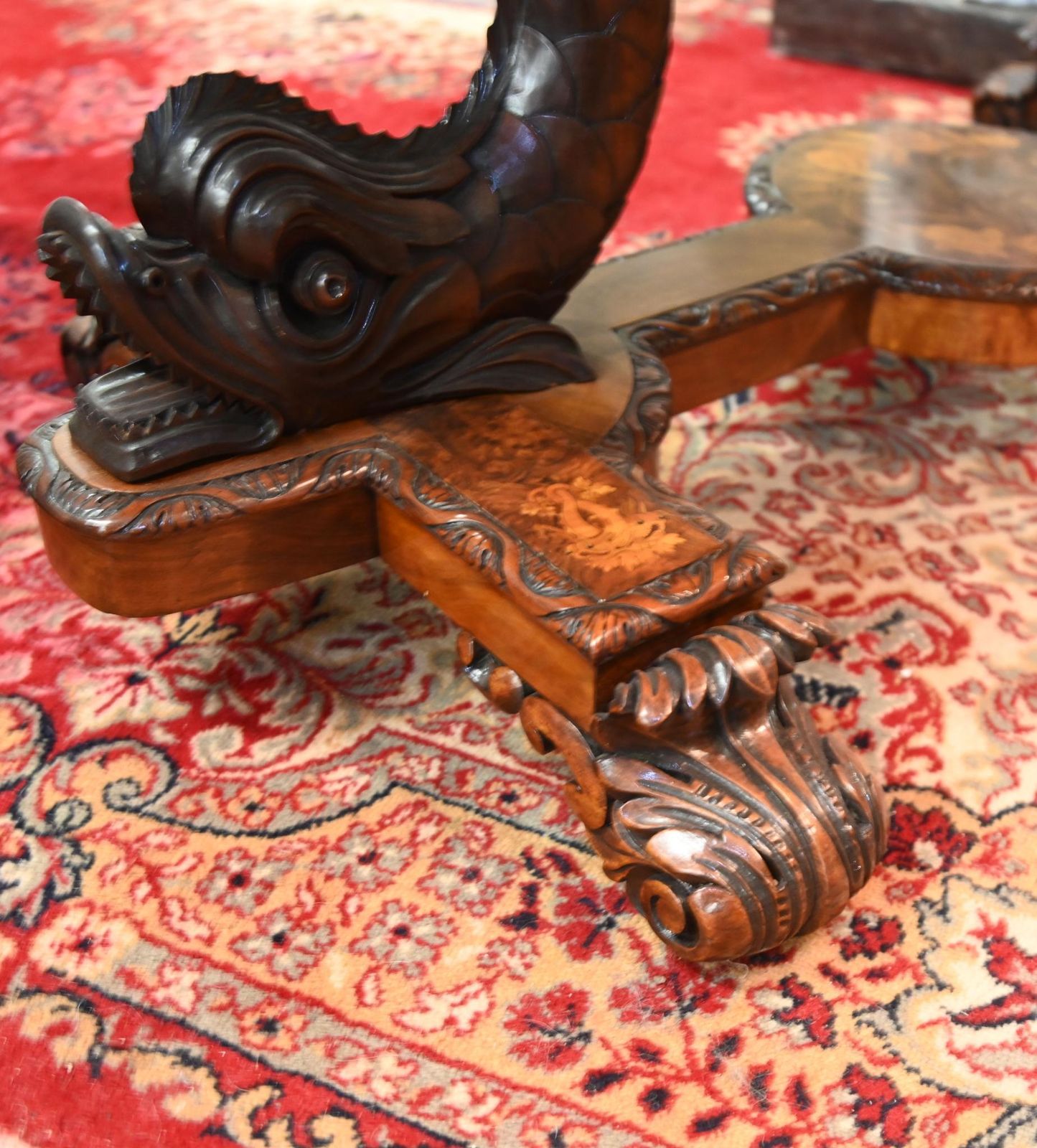 Carved Italian Hall Table Walnut Inlay Sea Serpent Base 1860 photo Furniture
