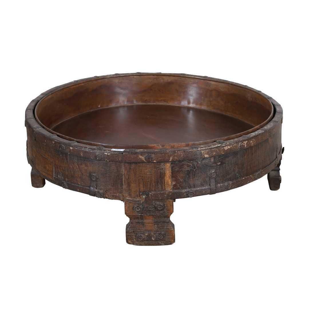 Antique Indian Chakki Coffee Table – Teak Wood Grinder, 19th Century Rajasthan, Plant Stand photo for sale