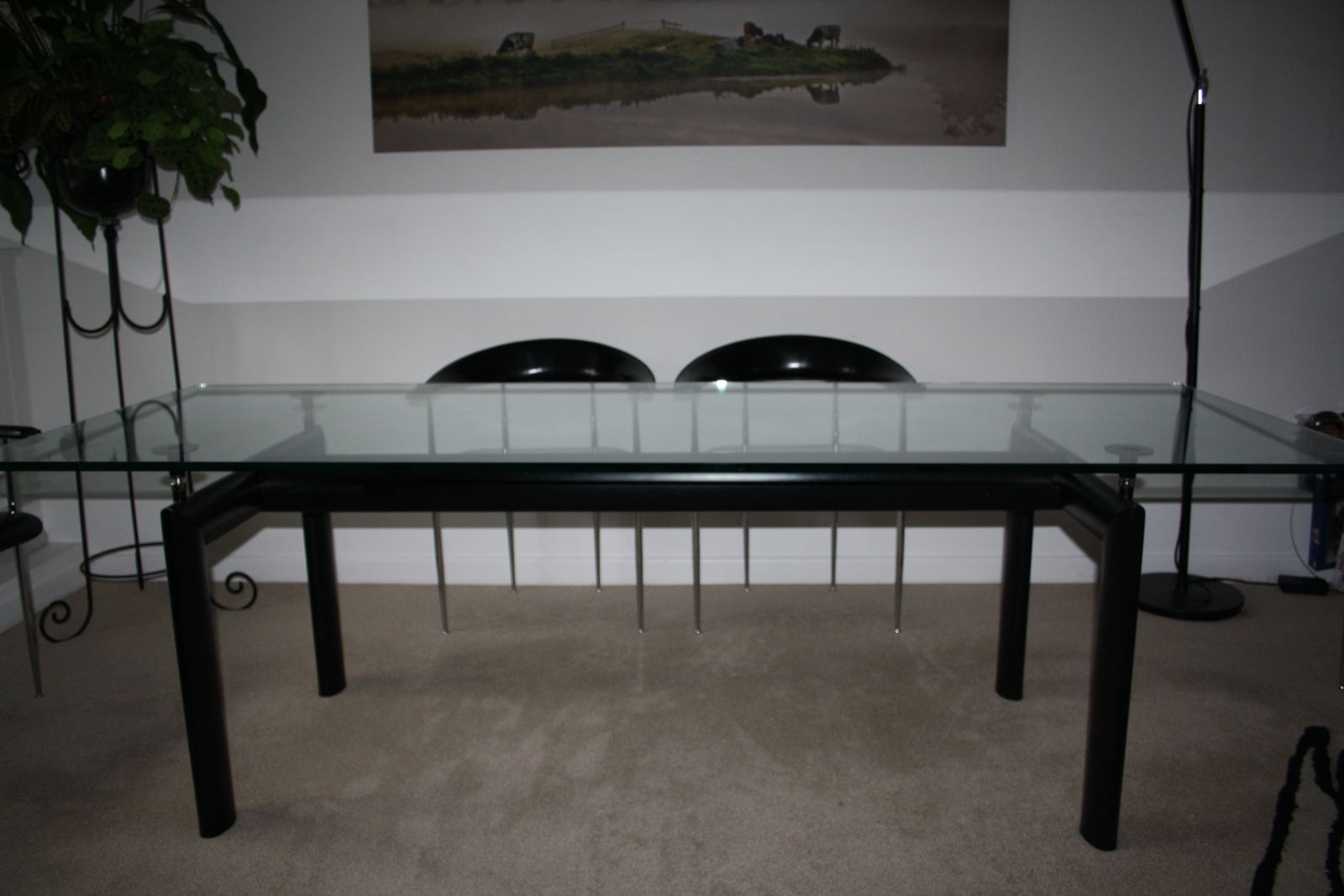 Le Corbusier Lc6 Table With Matte Black Enamelled Steel Base And Natural Glass Top photo furniture