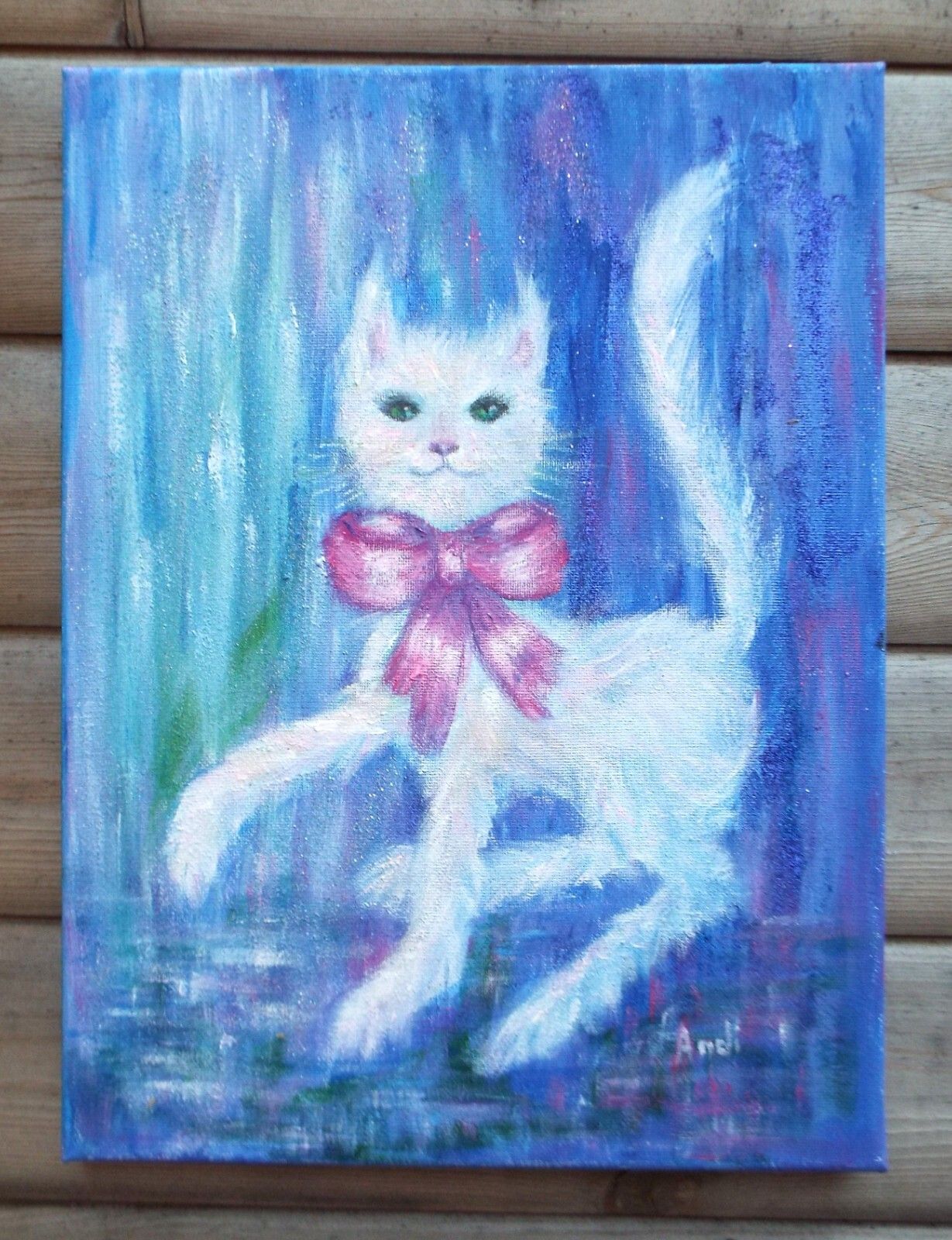 Original Painting Whimsical White Cat Illustration Andi J Lucas