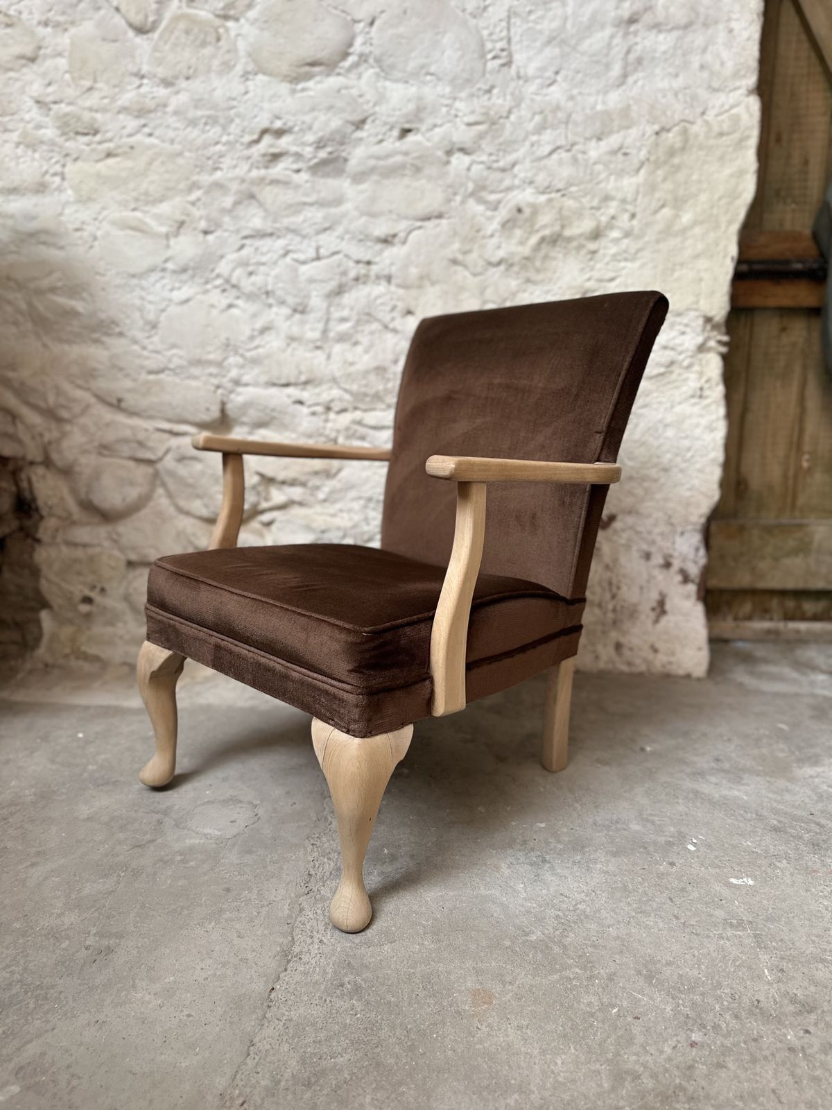 Mid Century Brown Velour Chair With Cabriole Legs photo for sale