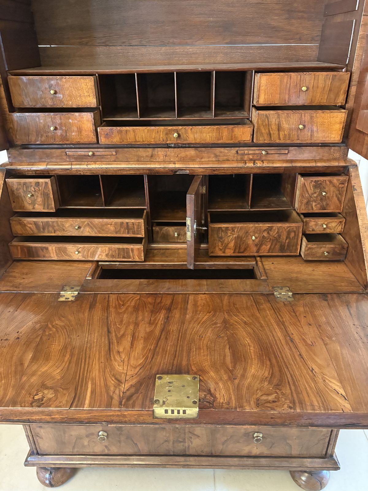 photo for sale Antique Queen Anne Fantastic Quality Burr Walnut And Featherbanded Bureau Bookcase