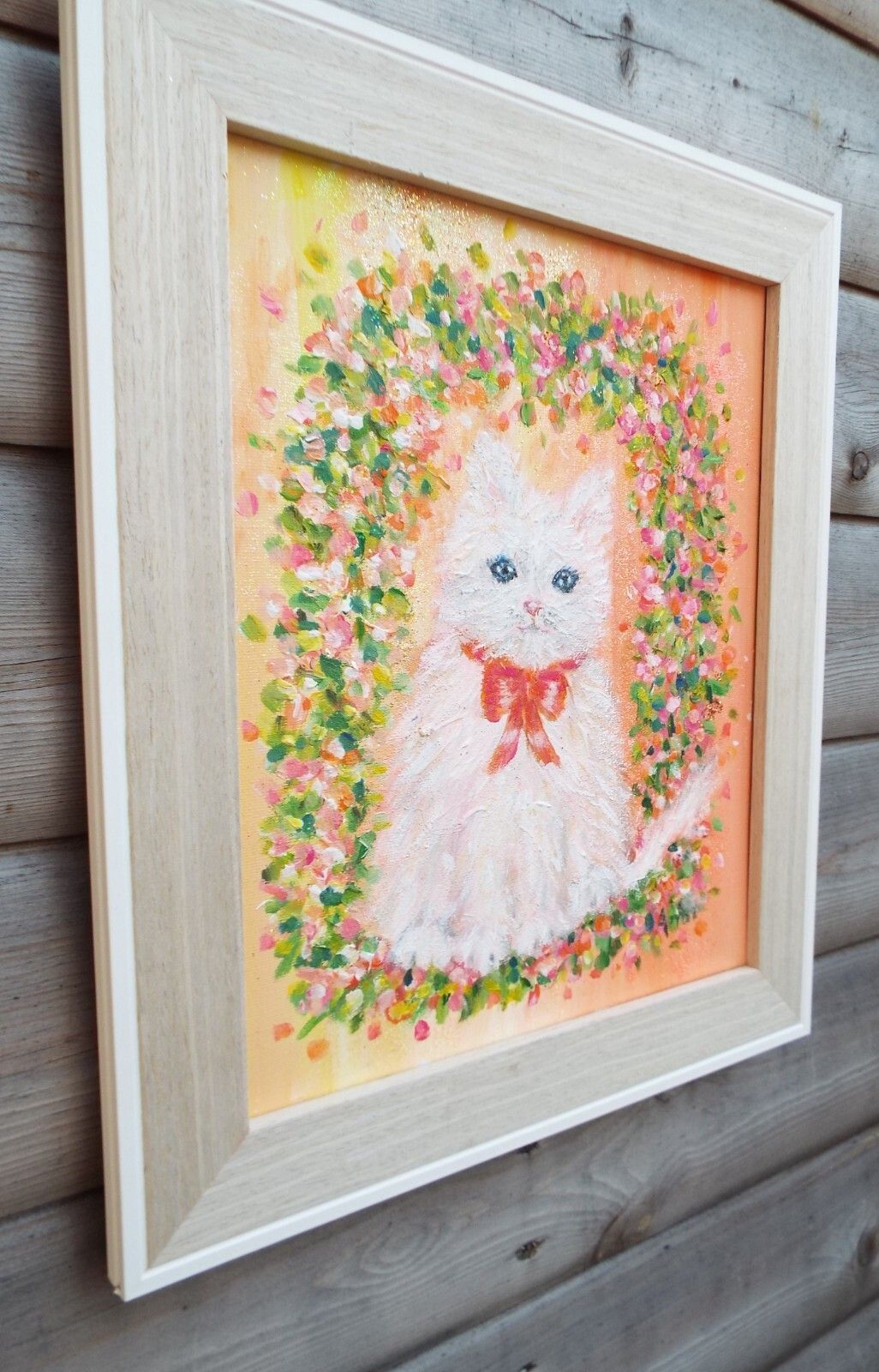 Original Painting Cute White Kitten Cat Under Floral Arch Andi J Lucas photo 150.0