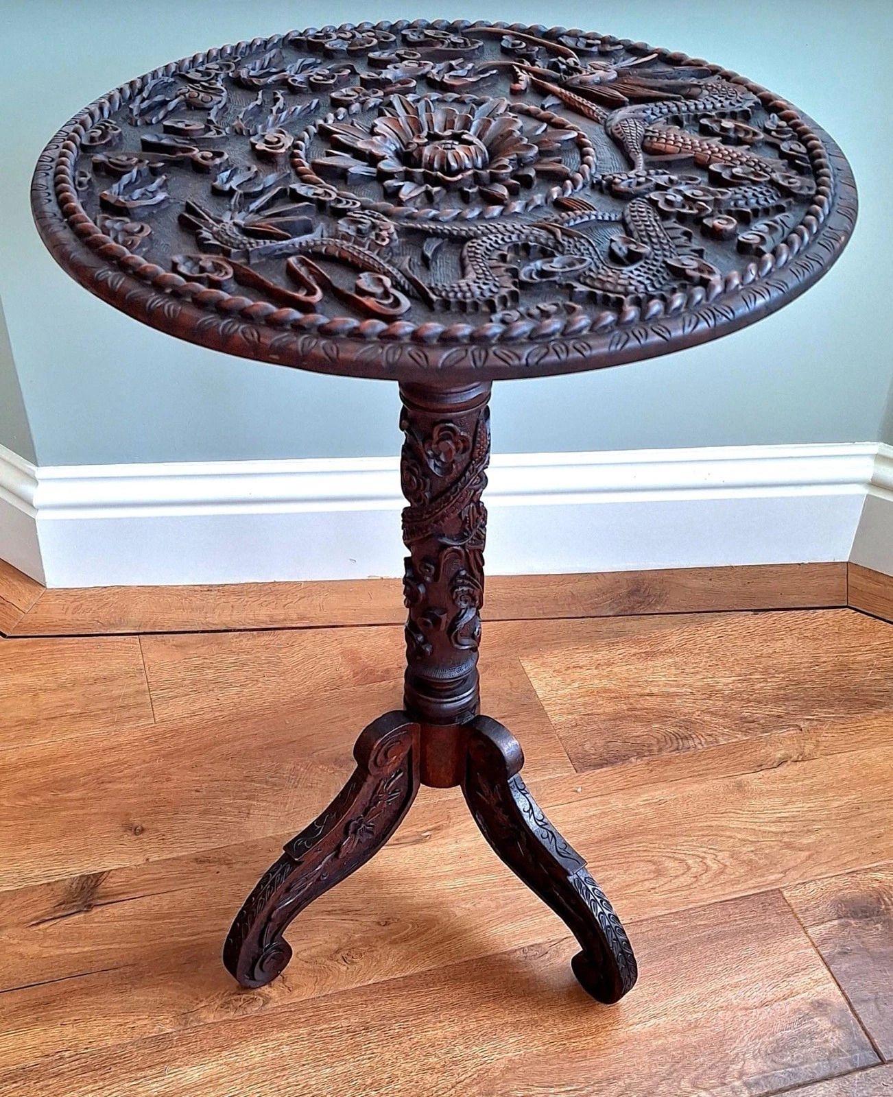 Antique Asian Chinese Hand Carved Pedestal Side Table, Dragons In Clouds C1900 photo vinterior