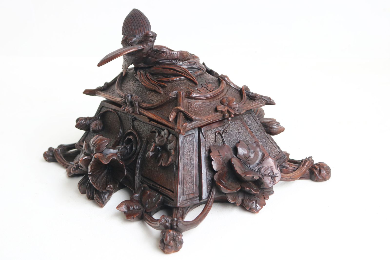 Exquisite Openly Carved 19th Century Swiss Black Forest Jewelry Box Walnut Bird photo vintage