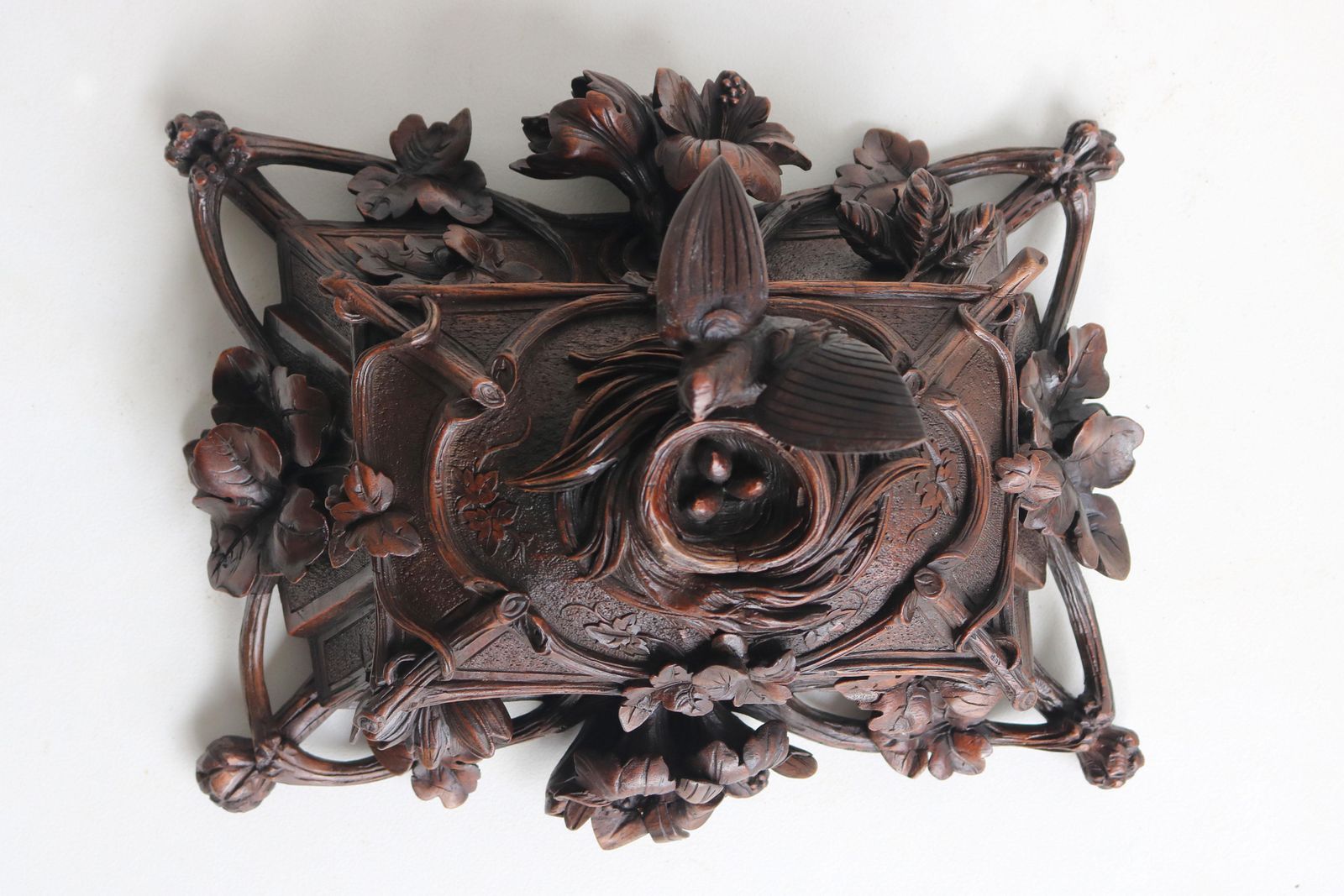 2230.0 Exquisite Openly Carved 19th Century Swiss Black Forest Jewelry Box Walnut Bird photo