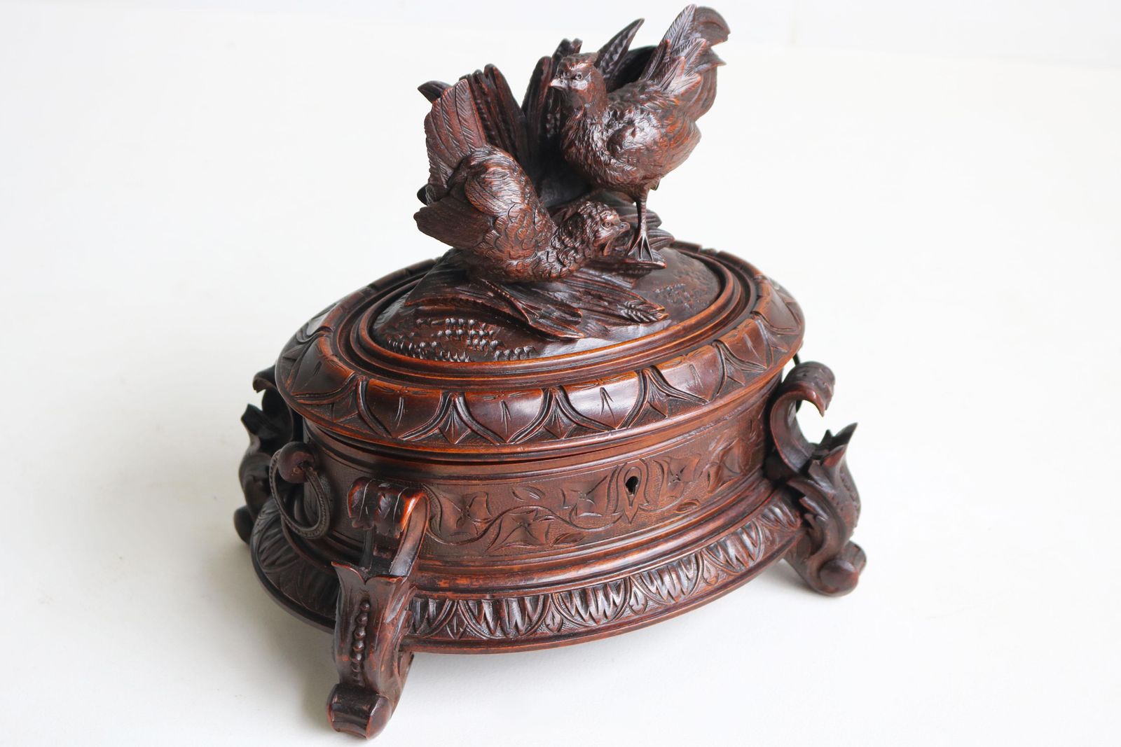 Oval Jewelry Box Carved Walnut Swiss 19th Century Black Forest photo for sale
