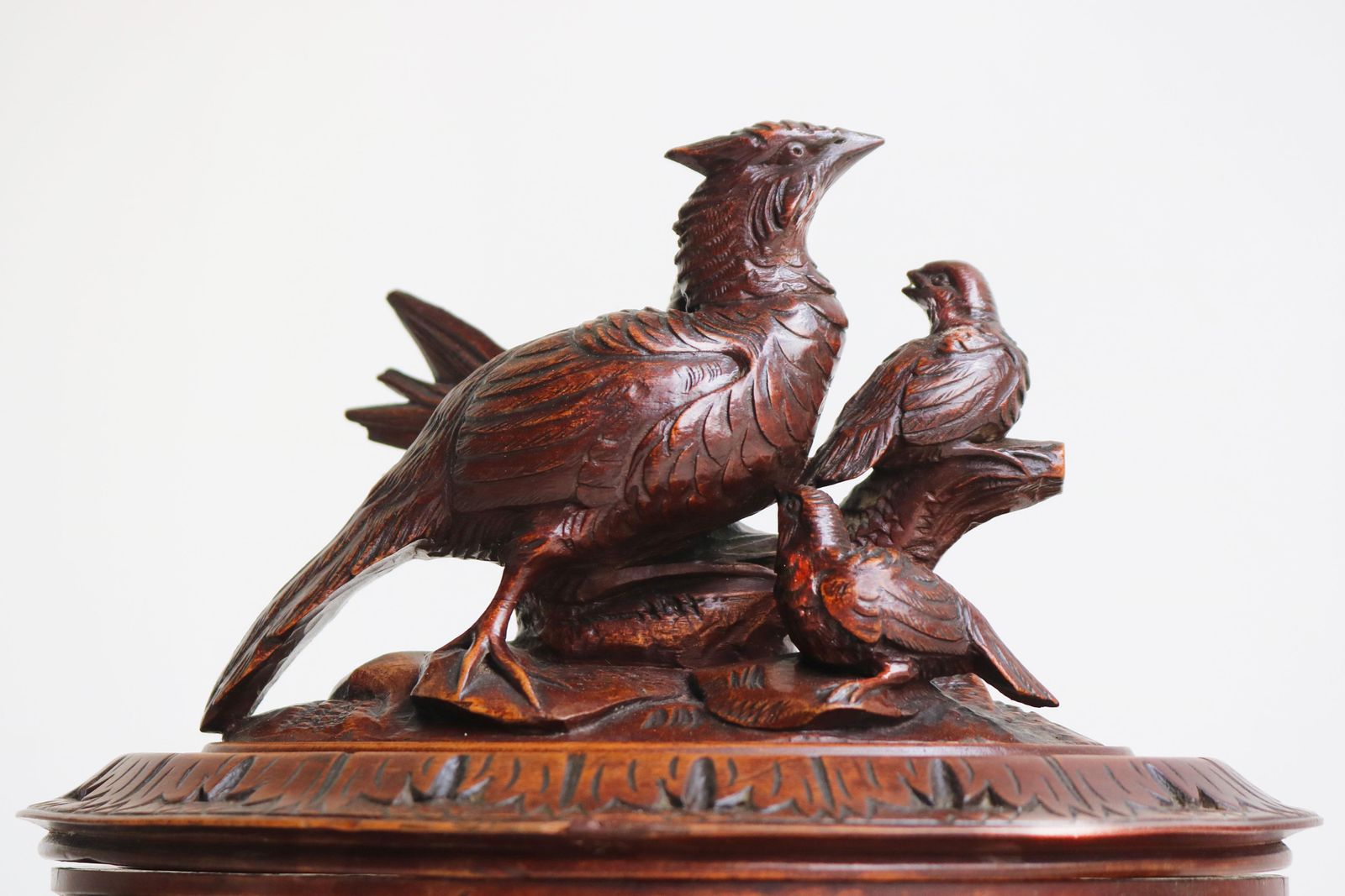 Large Oval Antique Swiss 19th Century Black Forest Jewelry Box Walnut 3 Birds photo furniture