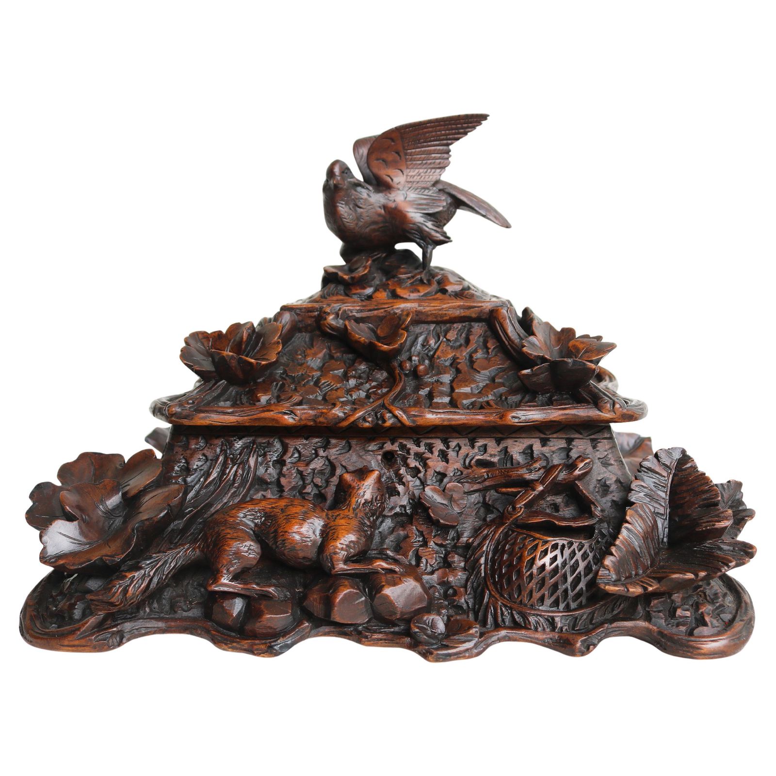 Rare 2 Tier Swiss 19th Century Black Forest Jewelry Box Hand Carved Fox & Bird.