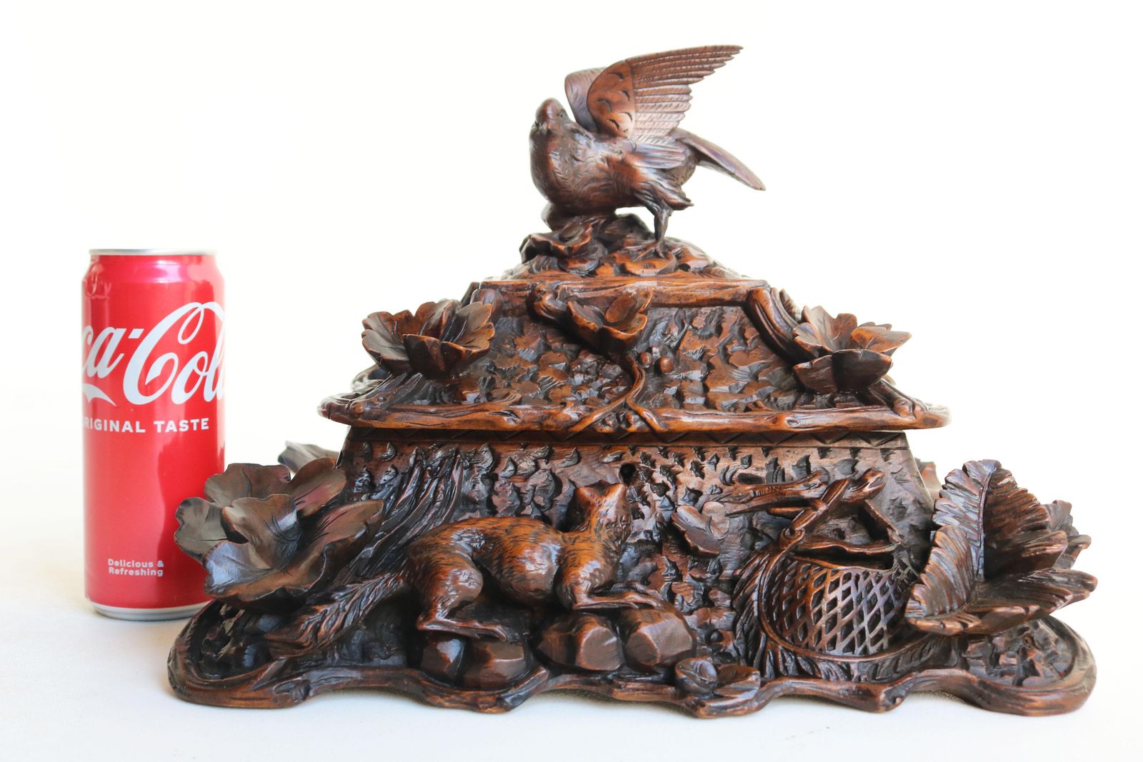 photo furniture Rare 2 Tier Swiss 19th Century Black Forest Jewelry Box Hand Carved Fox & Bird.