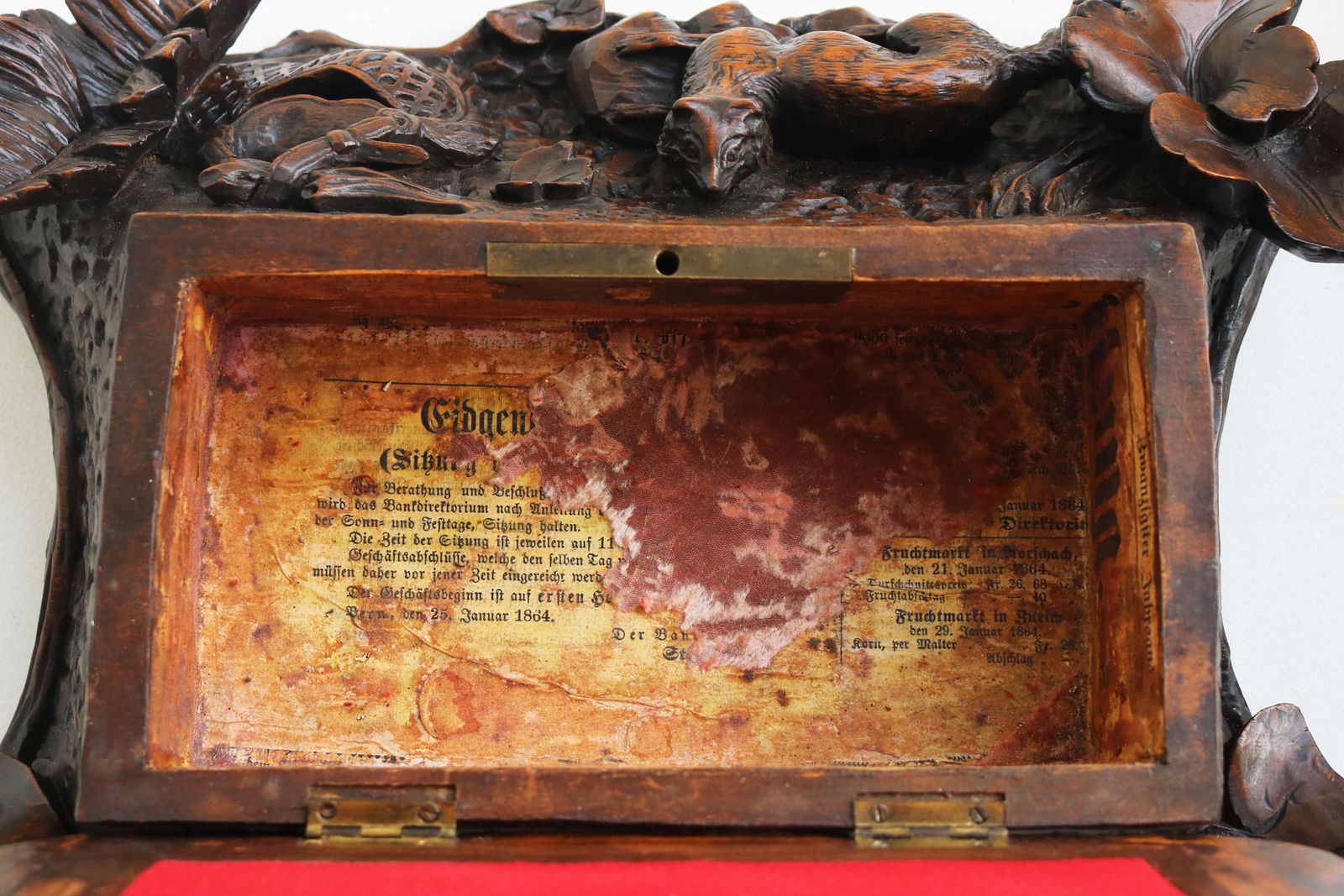 photo for sale Rare 2 Tier Swiss 19th Century Black Forest Jewelry Box Hand Carved Fox & Bird.