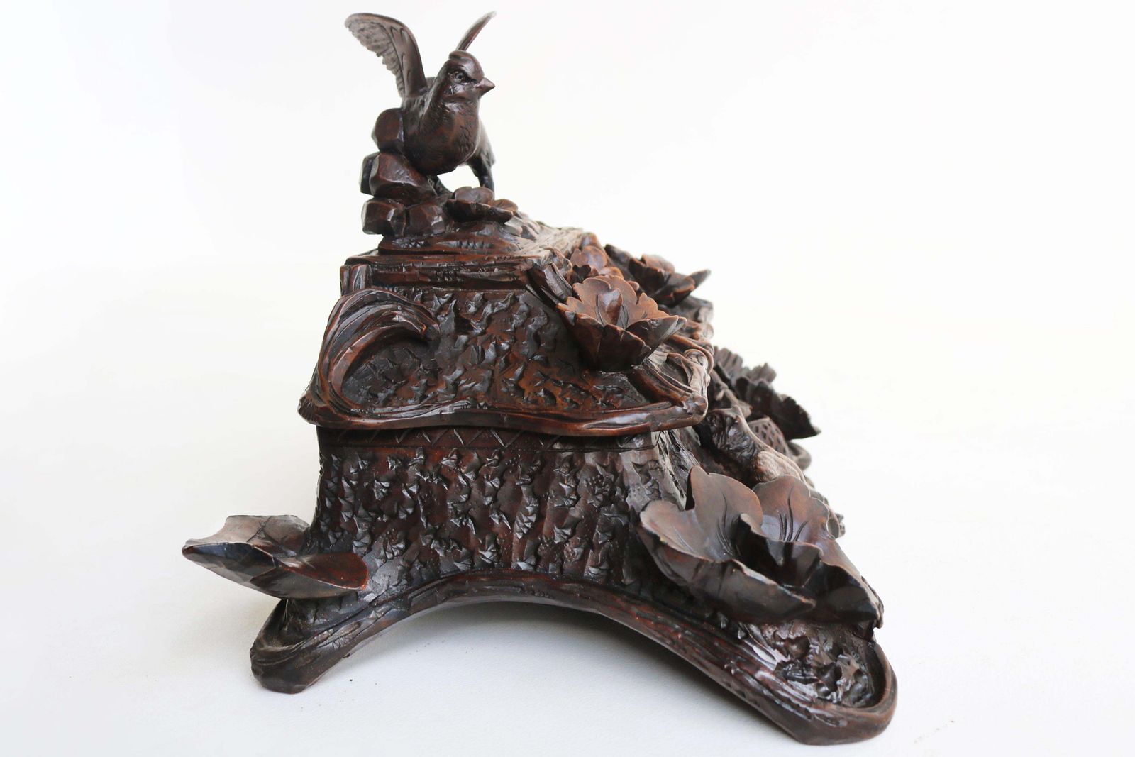2930.0 Rare 2 Tier Swiss 19th Century Black Forest Jewelry Box Hand Carved Fox & Bird. photo