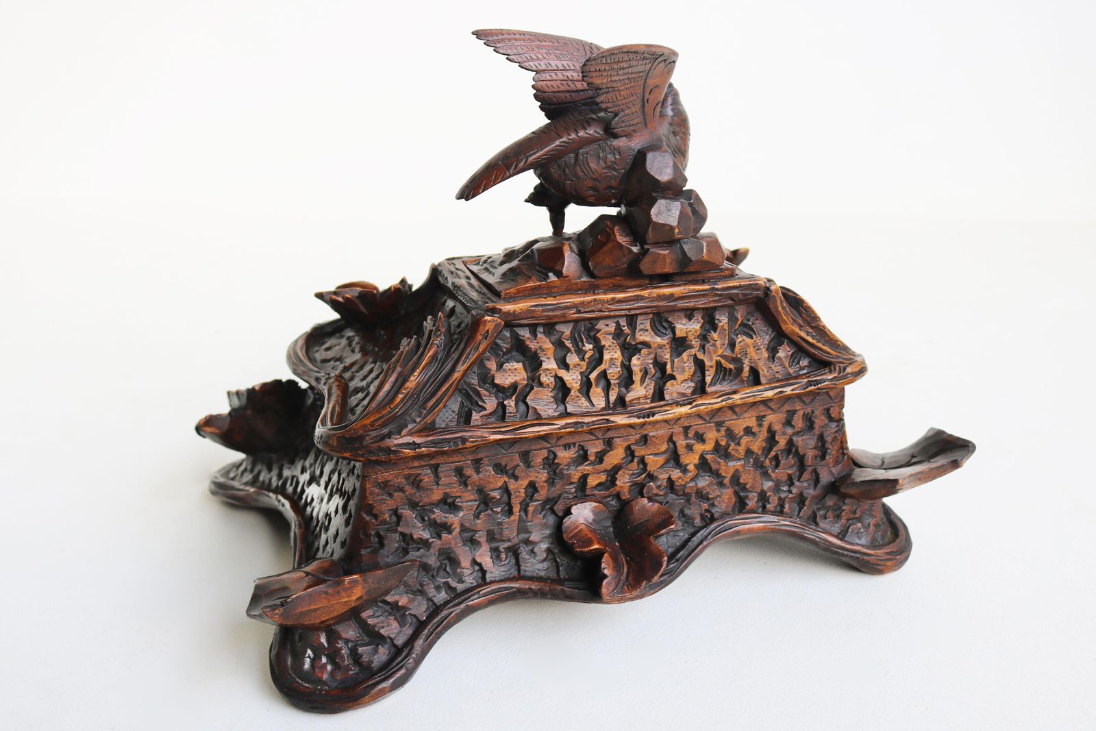 photo vinterior Rare 2 Tier Swiss 19th Century Black Forest Jewelry Box Hand Carved Fox & Bird.