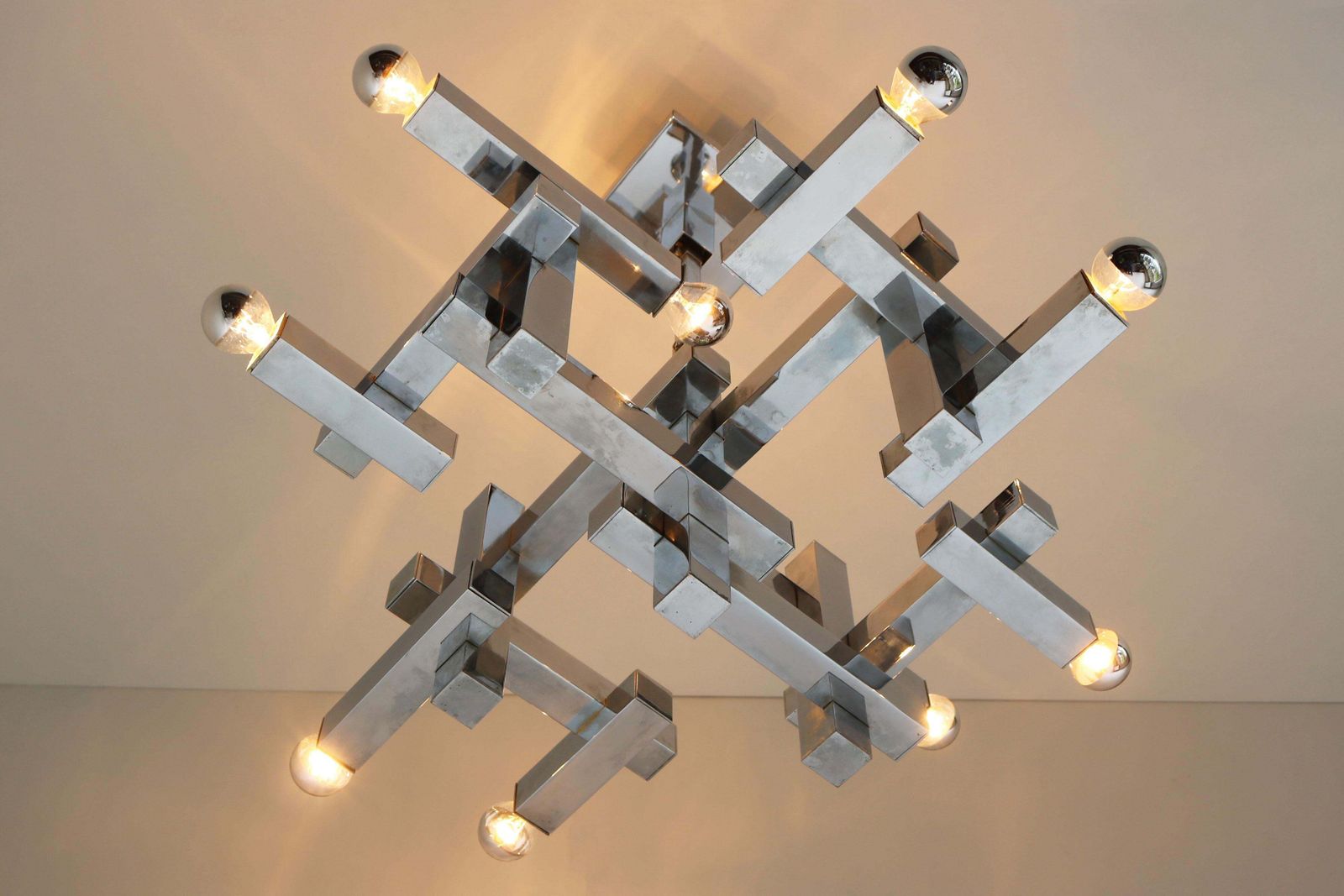 photo vinterior Zeldzame Mid Century Design Hanglamp Van Gaetano Sciolari, Model Metric, 1960, Chroom