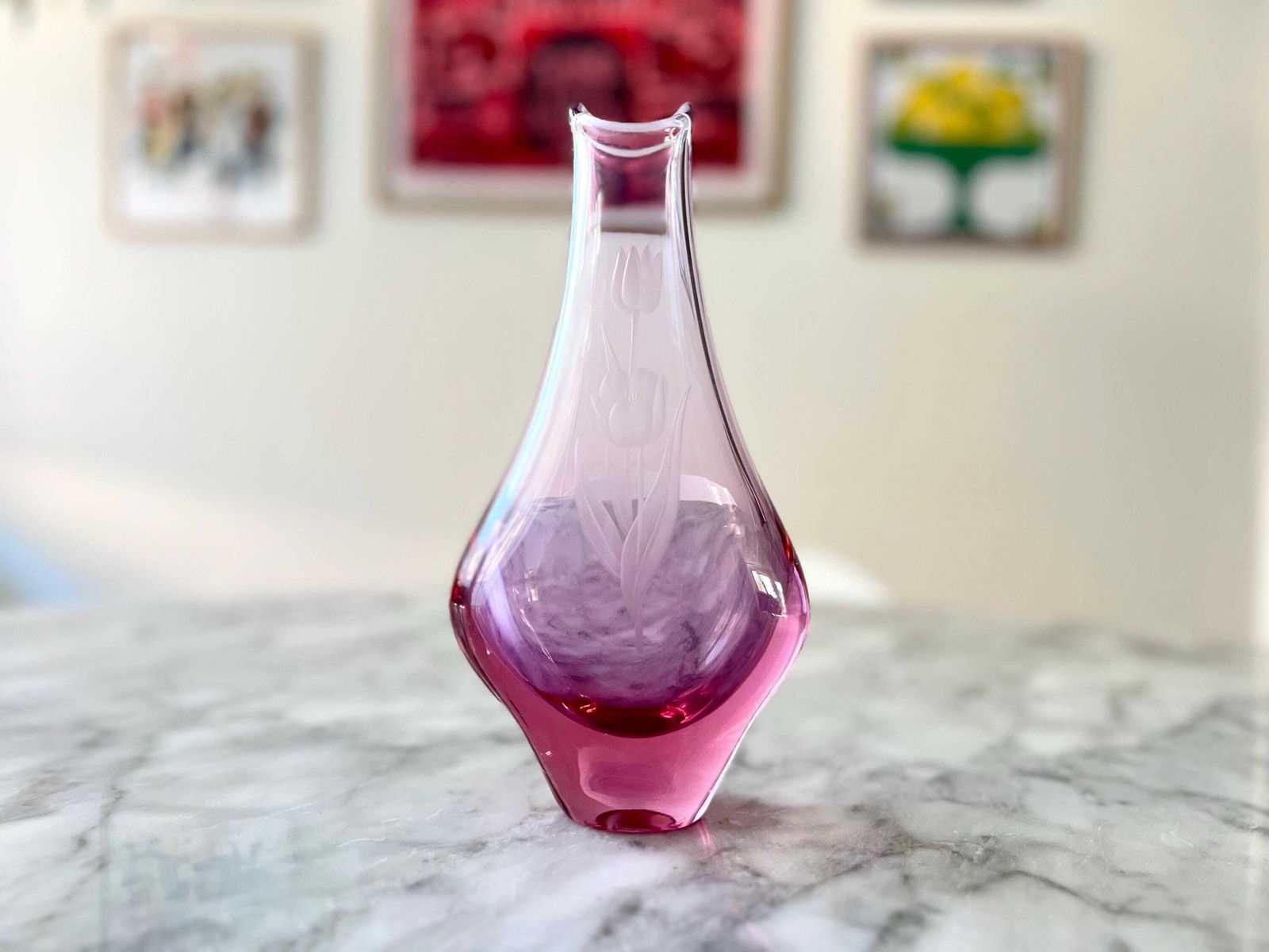 Pink Alexandrite Glass Vase With Etched Tulips   Zelezny Brod Sklo Vase   Neodymium Glass Vase   Zbs Sklo Union