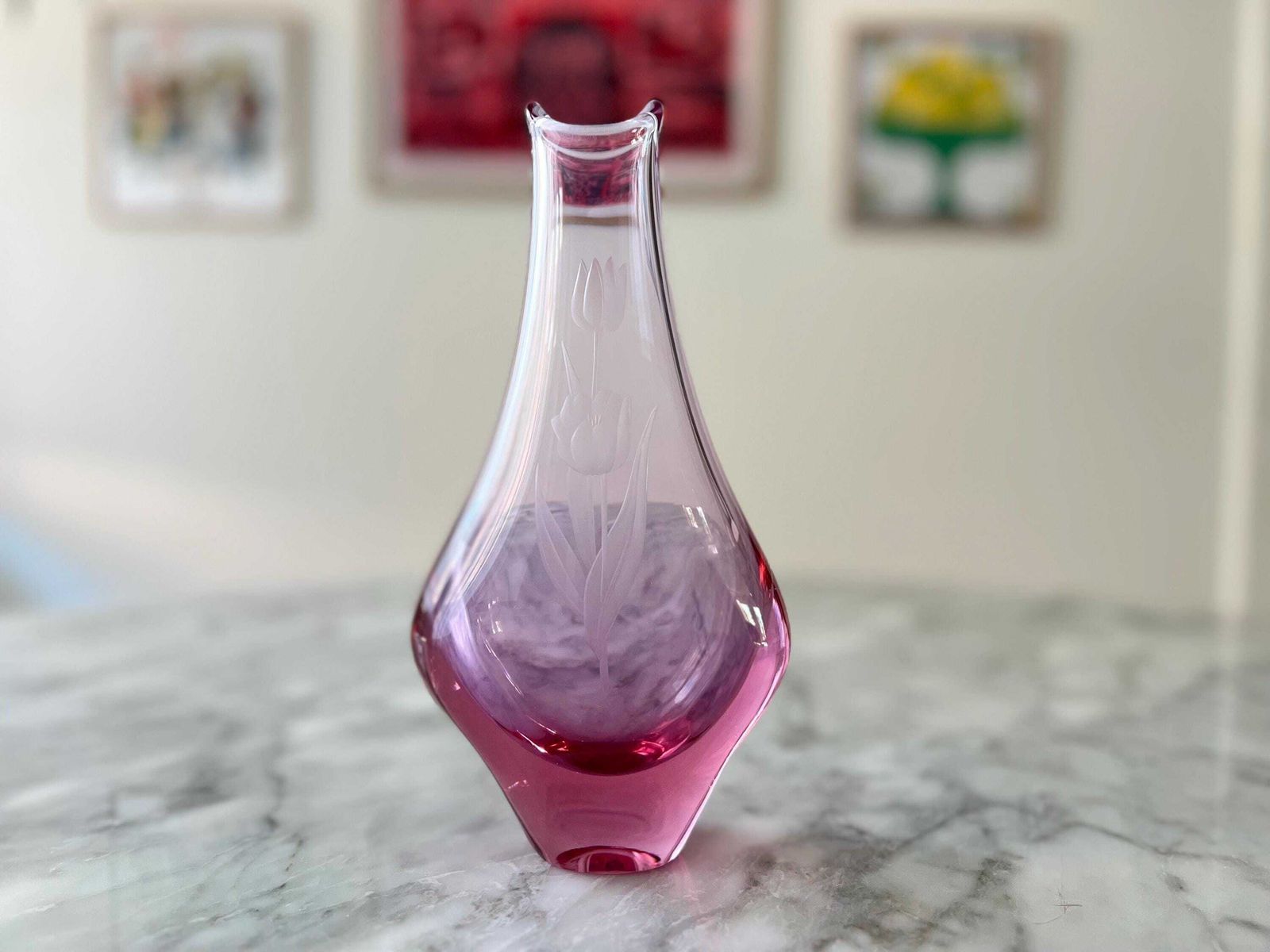 Pink Alexandrite Glass Vase With Etched Tulips   Zelezny Brod Sklo Vase   Neodymium Glass Vase   Zbs Sklo Union photo 110.0