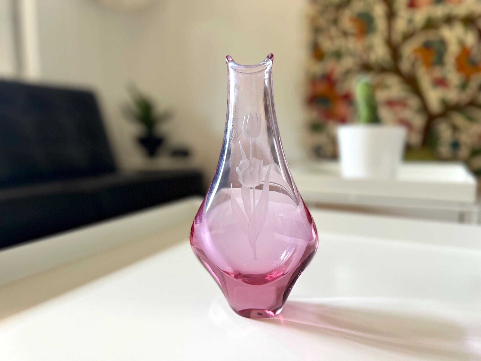 photo for sale Pink Alexandrite Glass Vase With Etched Tulips   Zelezny Brod Sklo Vase   Neodymium Glass Vase   Zbs Sklo Union