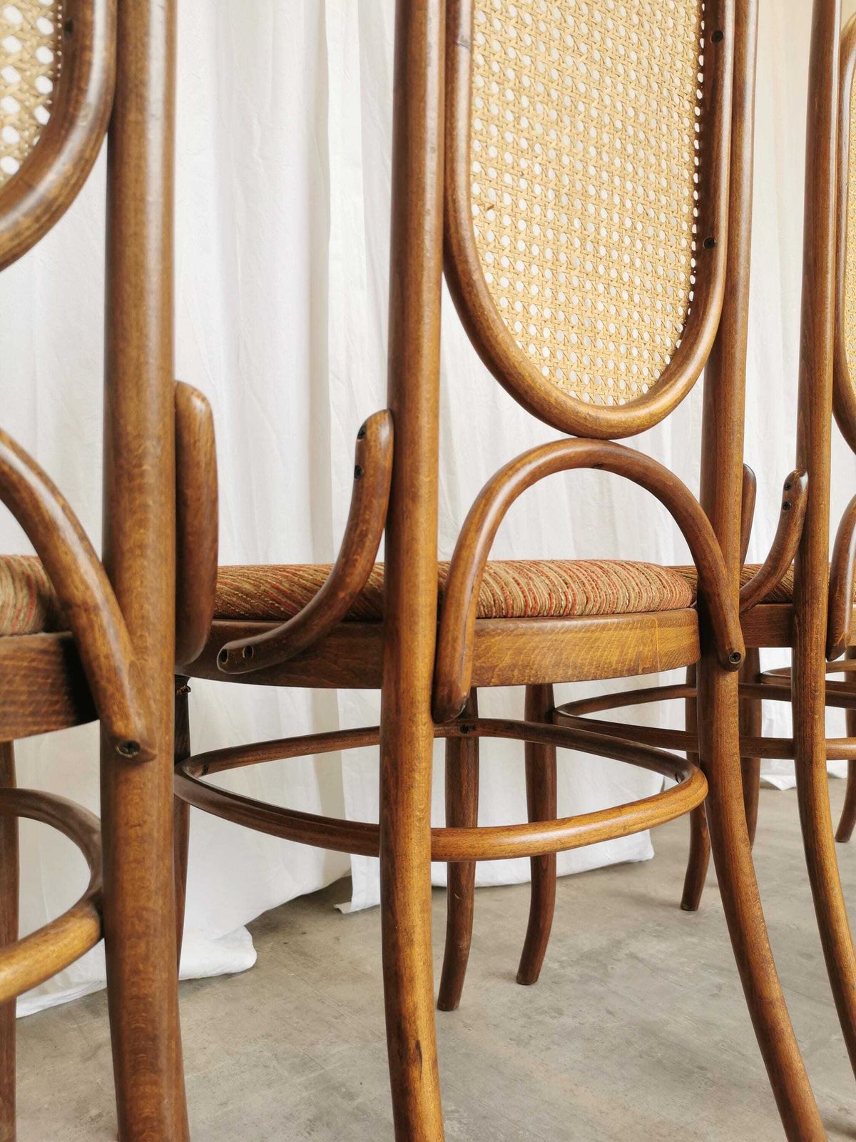 Set Of 4 Vintage High Backrest Dining Chairs / 1970s Thonet Style Bentwood Dine Chairs / Cane Back Fabric Seat / Mid Century Wooden Chairs photo 1078.0