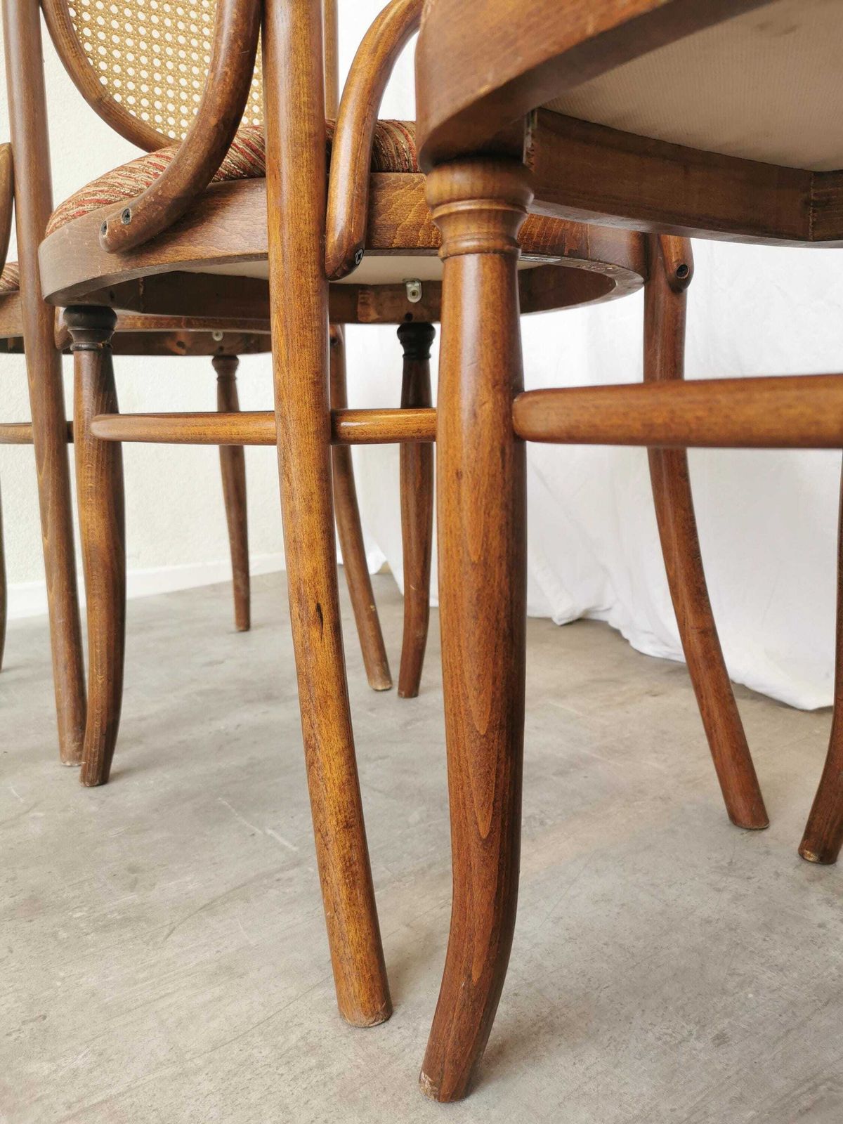 Set Of 4 Vintage High Backrest Dining Chairs / 1970s Thonet Style Bentwood Dine Chairs / Cane Back Fabric Seat / Mid Century Wooden Chairs photo buy