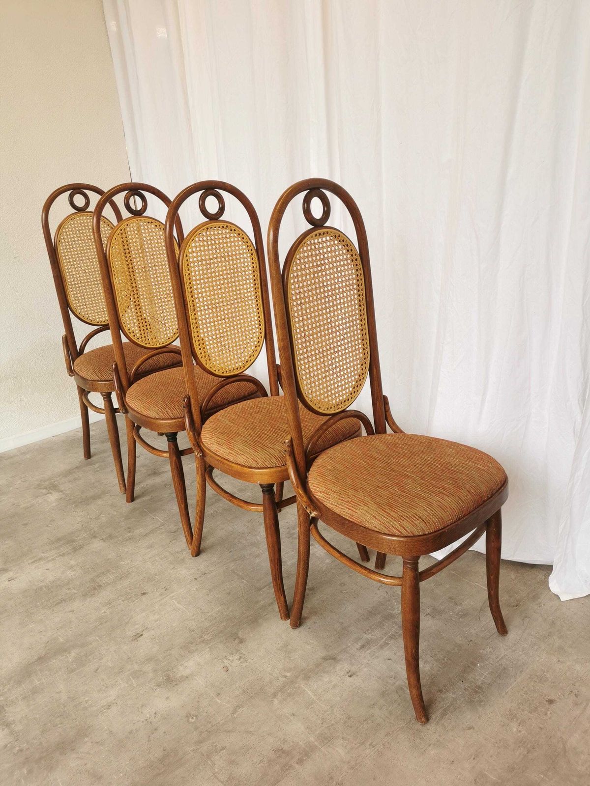 Set Of 4 Vintage High Backrest Dining Chairs / 1970s Thonet Style Bentwood Dine Chairs / Cane Back Fabric Seat / Mid Century Wooden Chairs photo vintage