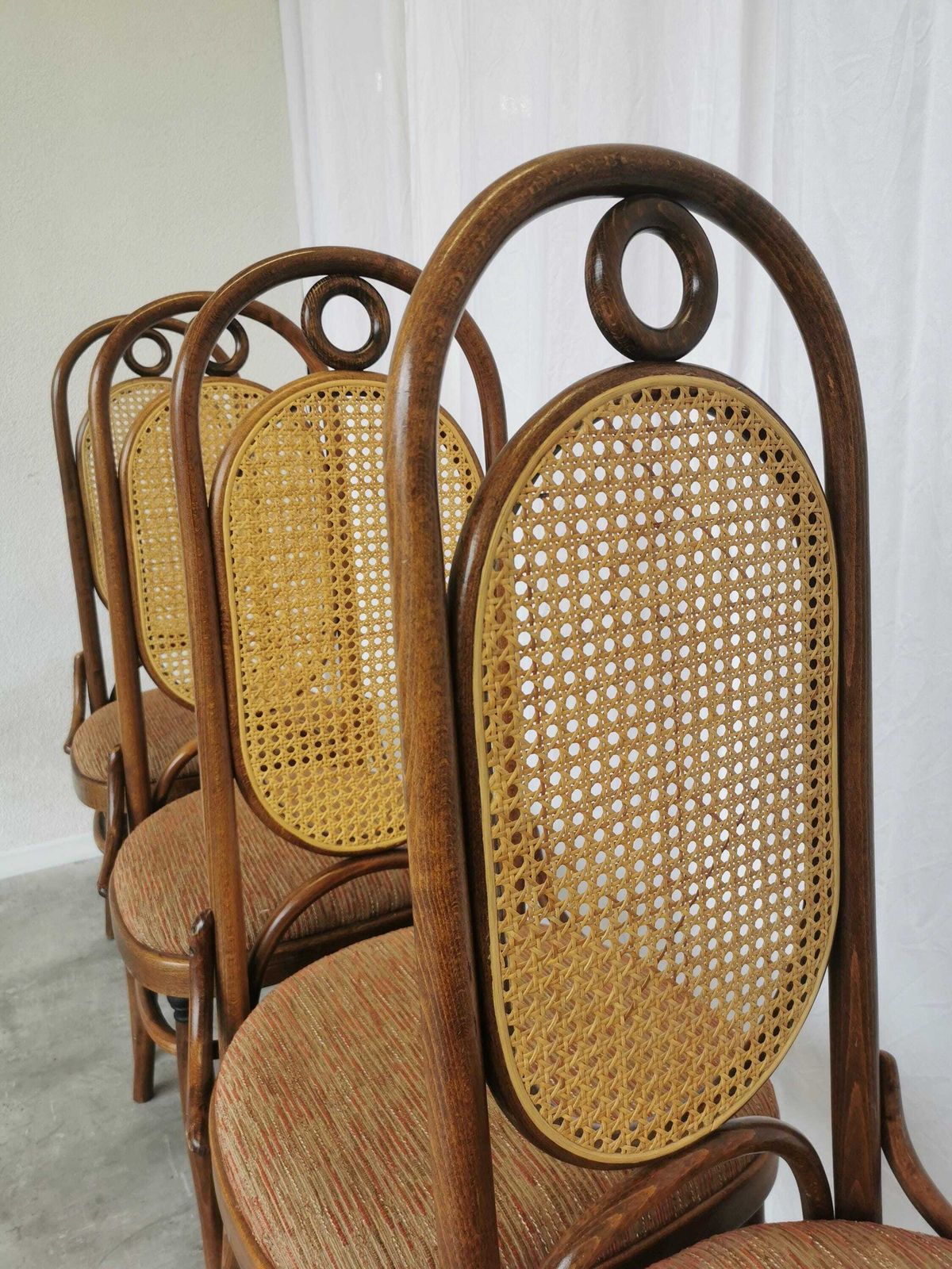 photo for sale Set Of 4 Vintage High Backrest Dining Chairs / 1970s Thonet Style Bentwood Dine Chairs / Cane Back Fabric Seat / Mid Century Wooden Chairs