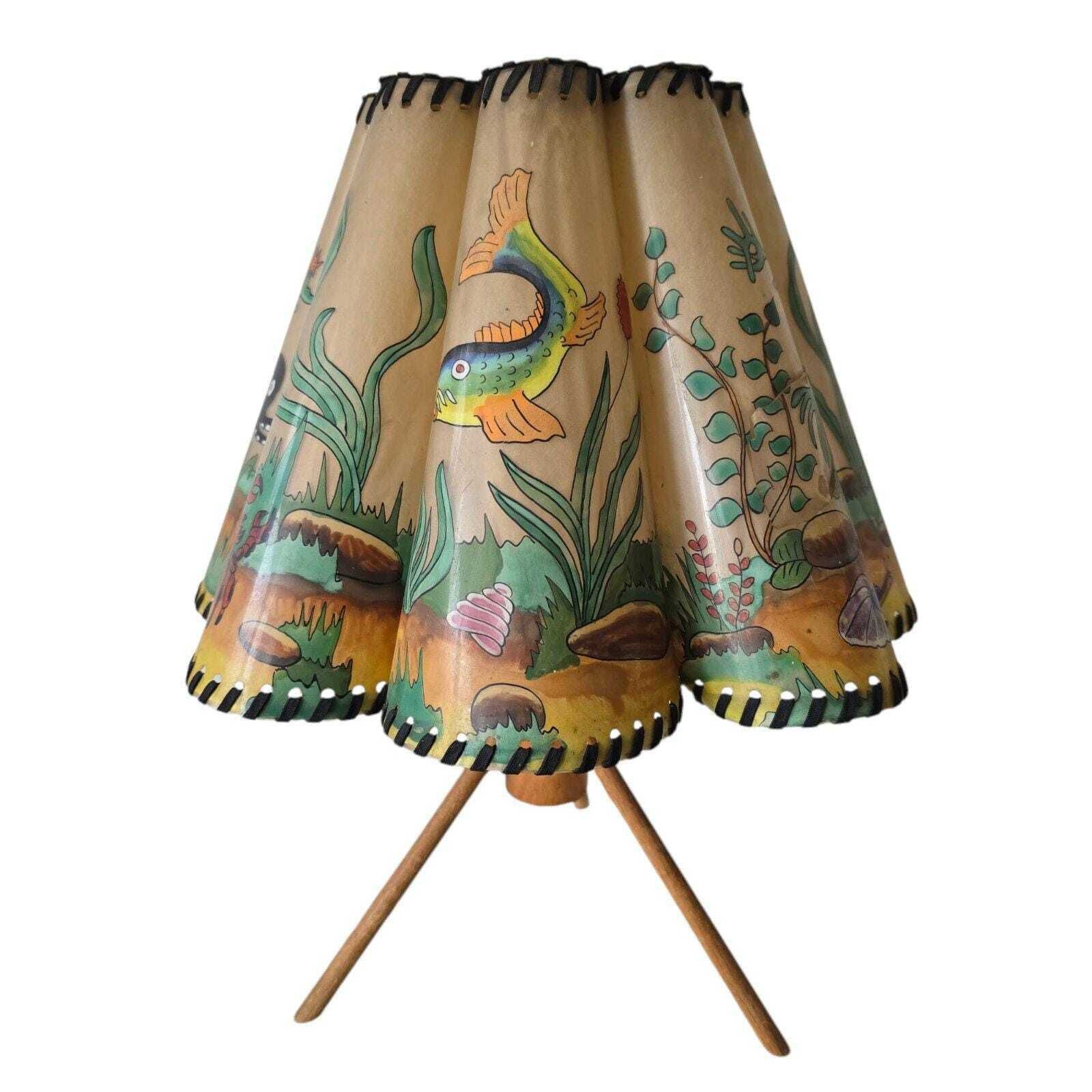 Delightful Vintage Mid Century Kids Table Lamp With Hand Painted Underwater Scene – Tripod Legs – Nautical Ocean Theme – 1950s/60s Style photo for sale
