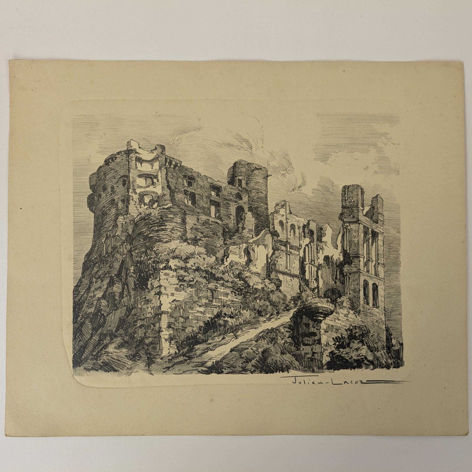 Antique Julien Lacaze Engraving Of Exterior Of Castle Ruins France, Signed French Art Print photo furniture