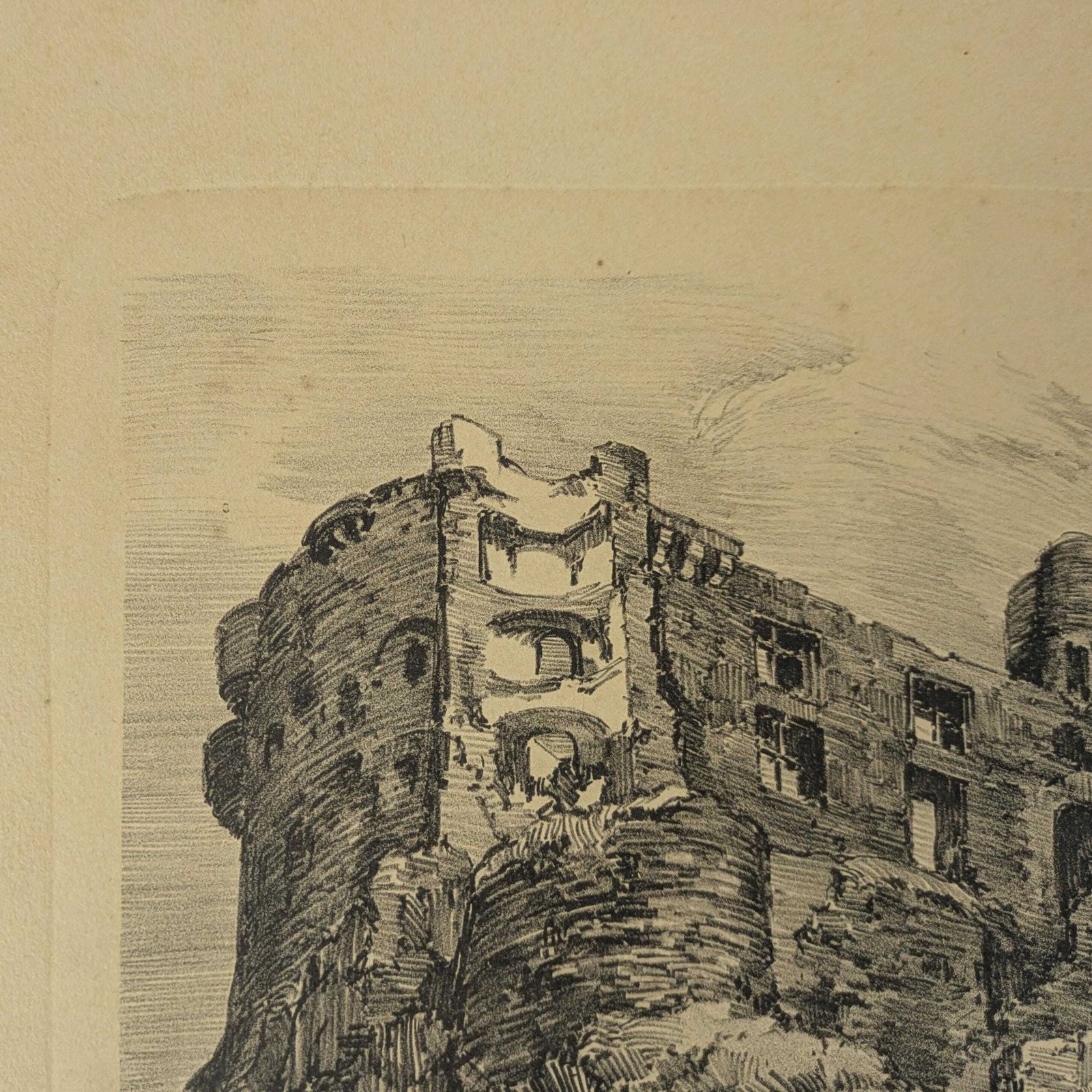 Antique Julien Lacaze Engraving Of Exterior Of Castle Ruins France, Signed French Art Print photo for sale