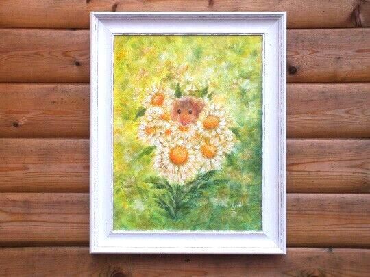 New Original Framed Painting Harvest Mouse & Flowers Andi J Lucas  Wildlife Art