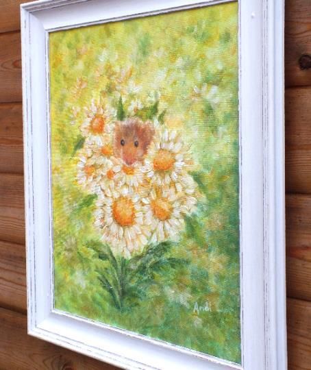 New Original Framed Painting Harvest Mouse & Flowers Andi J Lucas  Wildlife Art photo 265.0
