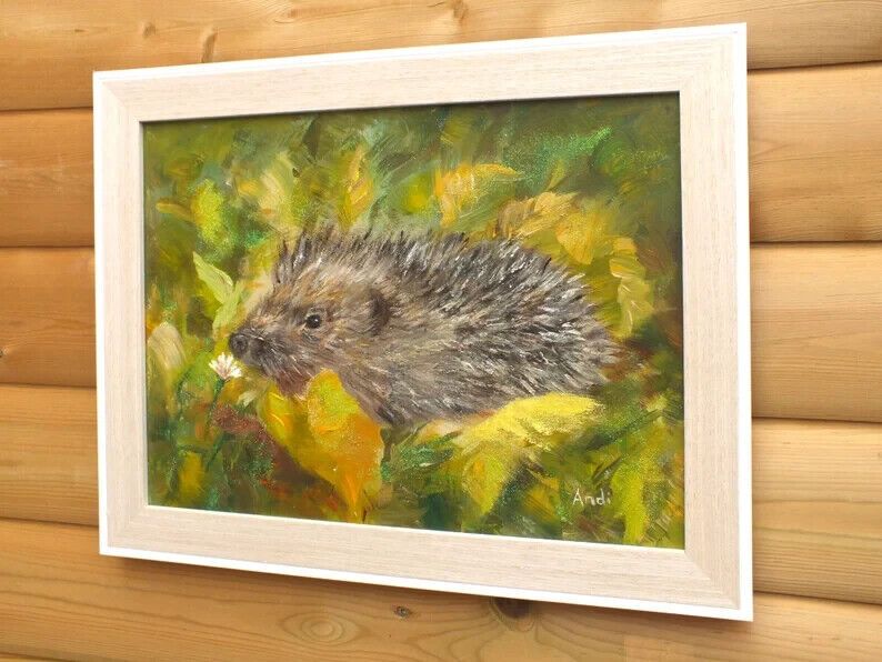 New Original Framed Signed Painting Hedgehog  Andi J Lucas  Wildlife Art photo vintage