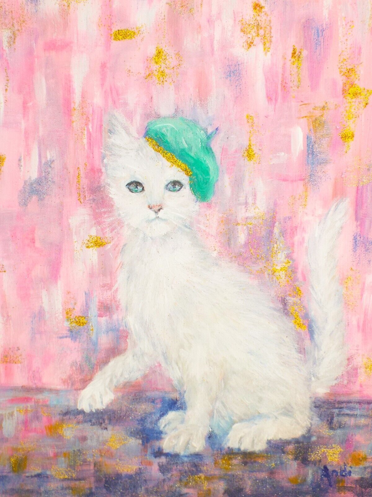 White Parisian Artist Cat French Cat  Original  Painting Andi J Lucas photo furniture