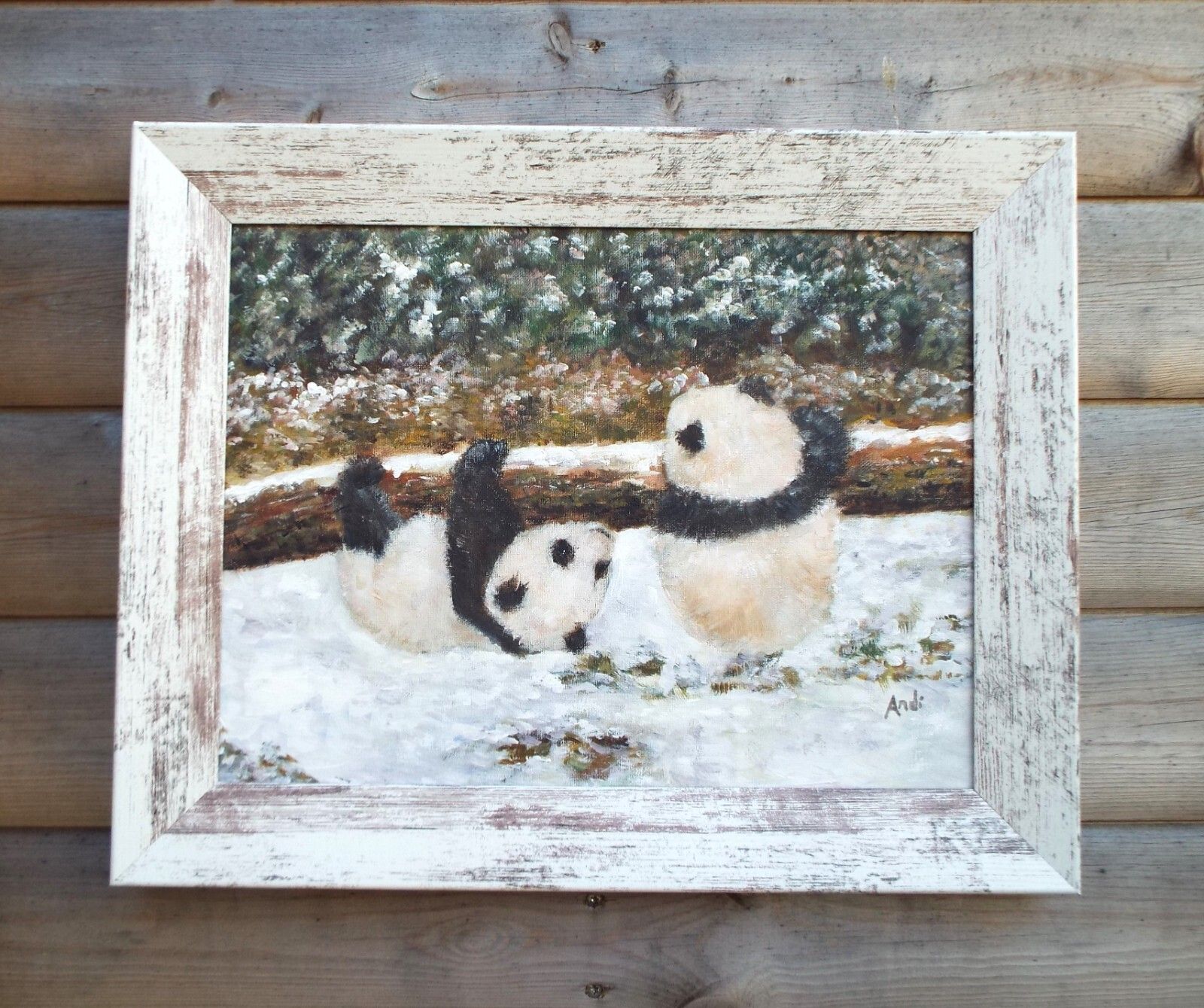 Panda Cubs Playing In Snow  Original Painting Signed  Andi J Lucas