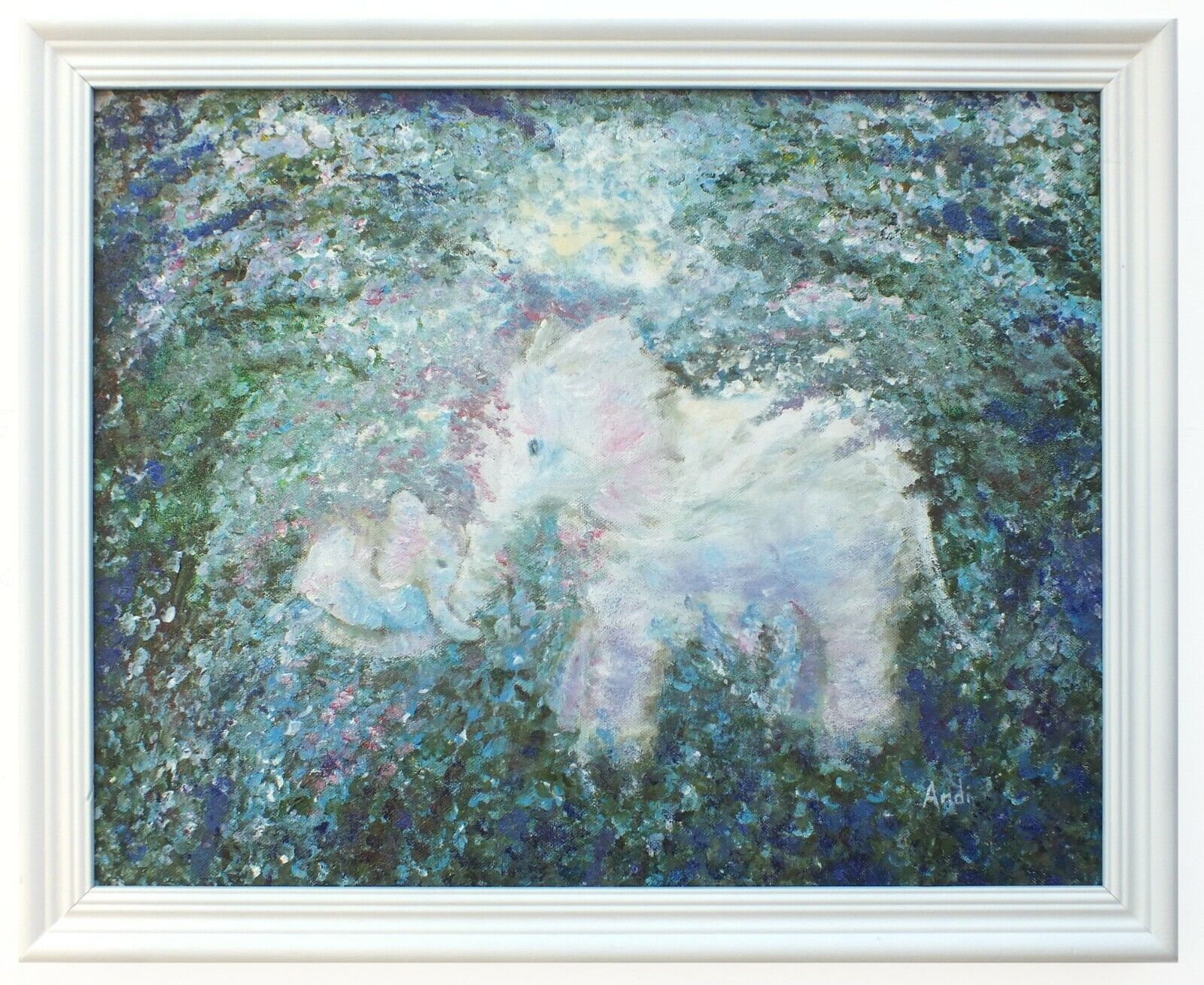 Mother & Baby Elephants Original Signed Framed Painting Whimsical Andi J Lucas photo furniture