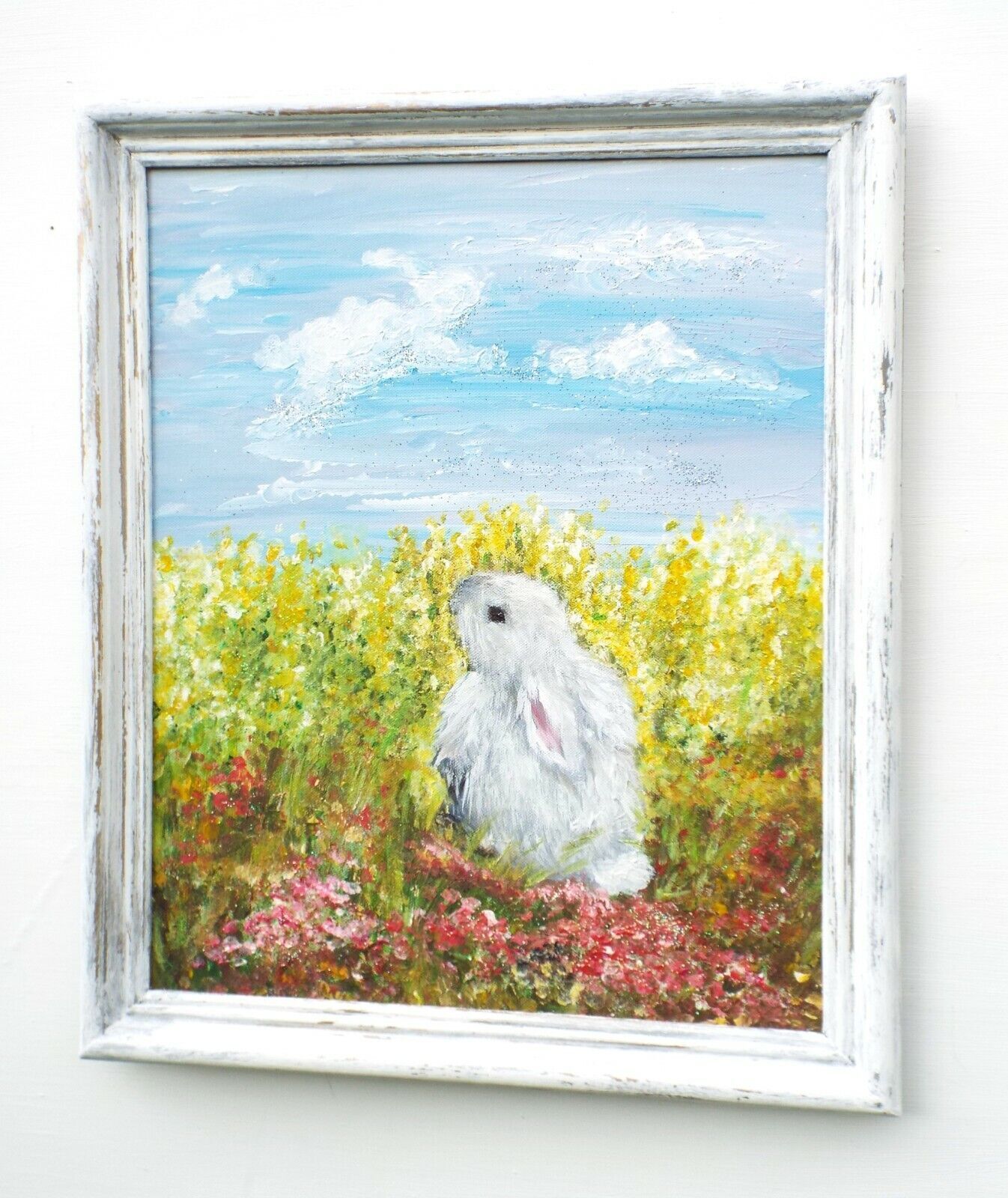 Rabbit Framed Original Art Animal Landscape Painting Whimiscal Andi J Lucas photo for sale