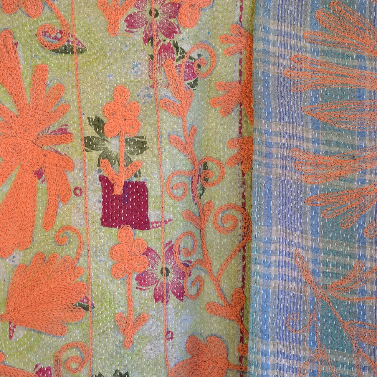 Vintage Finestitch Kantha Quilt With Suzani Embroidery photo furniture