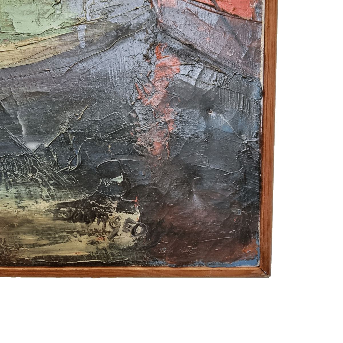 Vintage French Painting With Boats In Harbor By Bourgeois, Mid Century photo buy