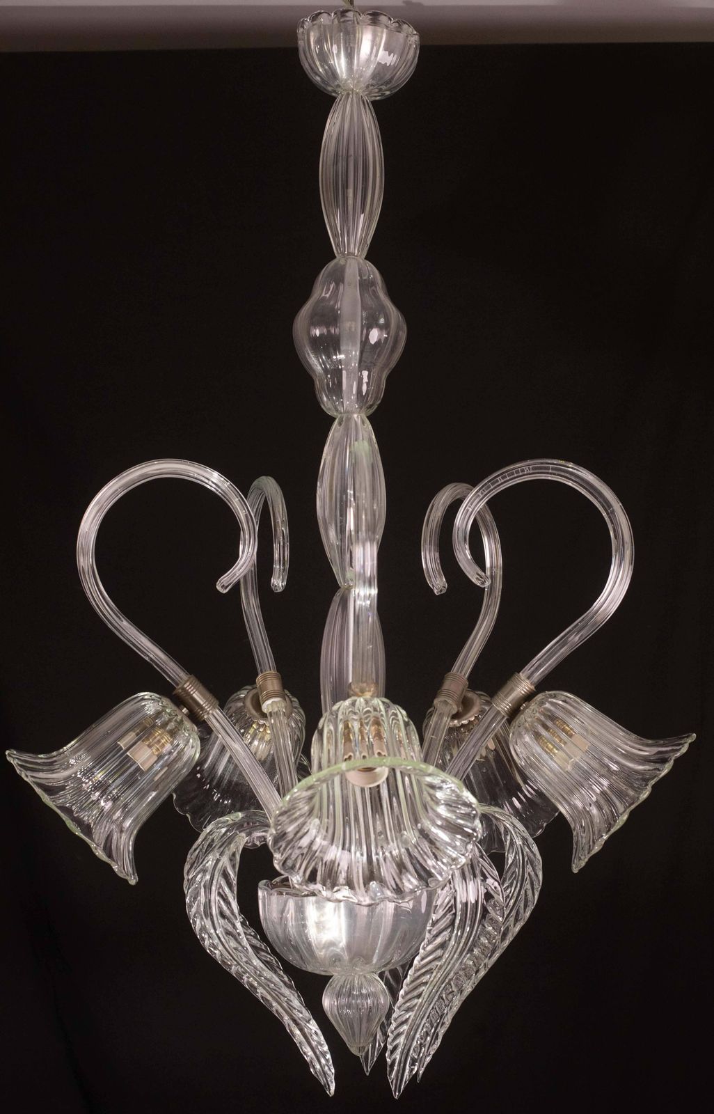 Amazing 5 Light Art Deco Murano Glass And Brass Chrome Chandelier By Barovier photo vinterior