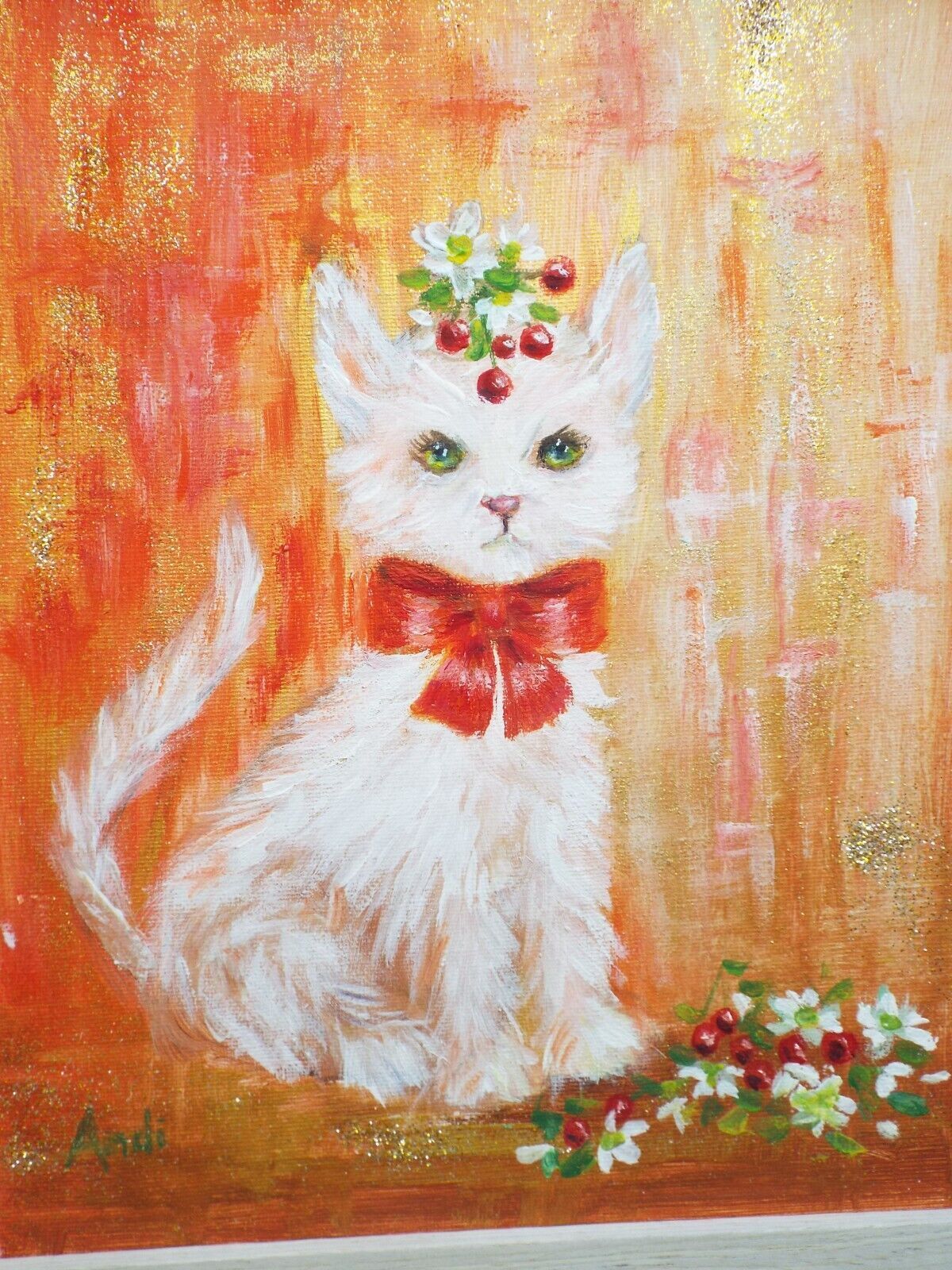 Original Painting Cute White Kitten Cat With Cherries Illustration Andi J Lucas