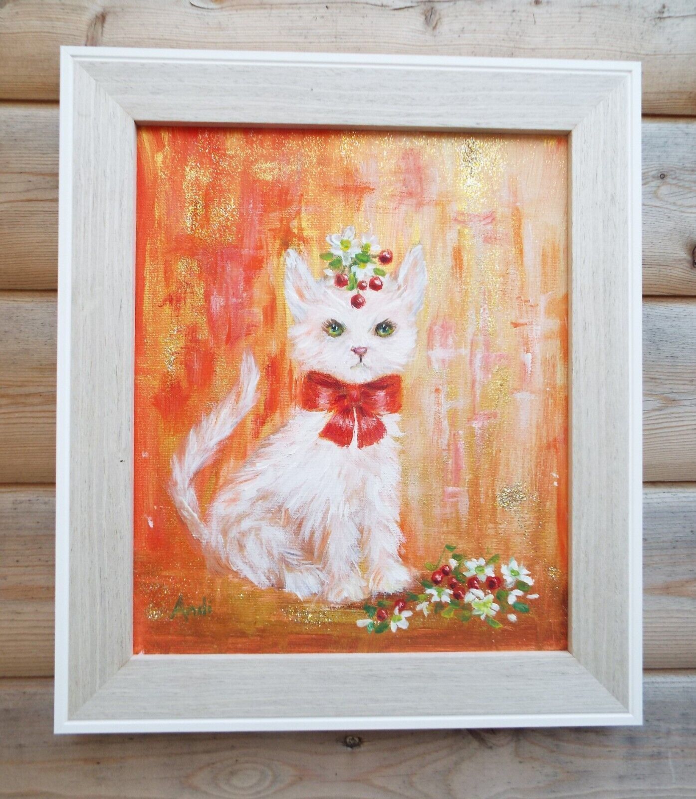 Original Painting Cute White Kitten Cat With Cherries Illustration Andi J Lucas photo furniture