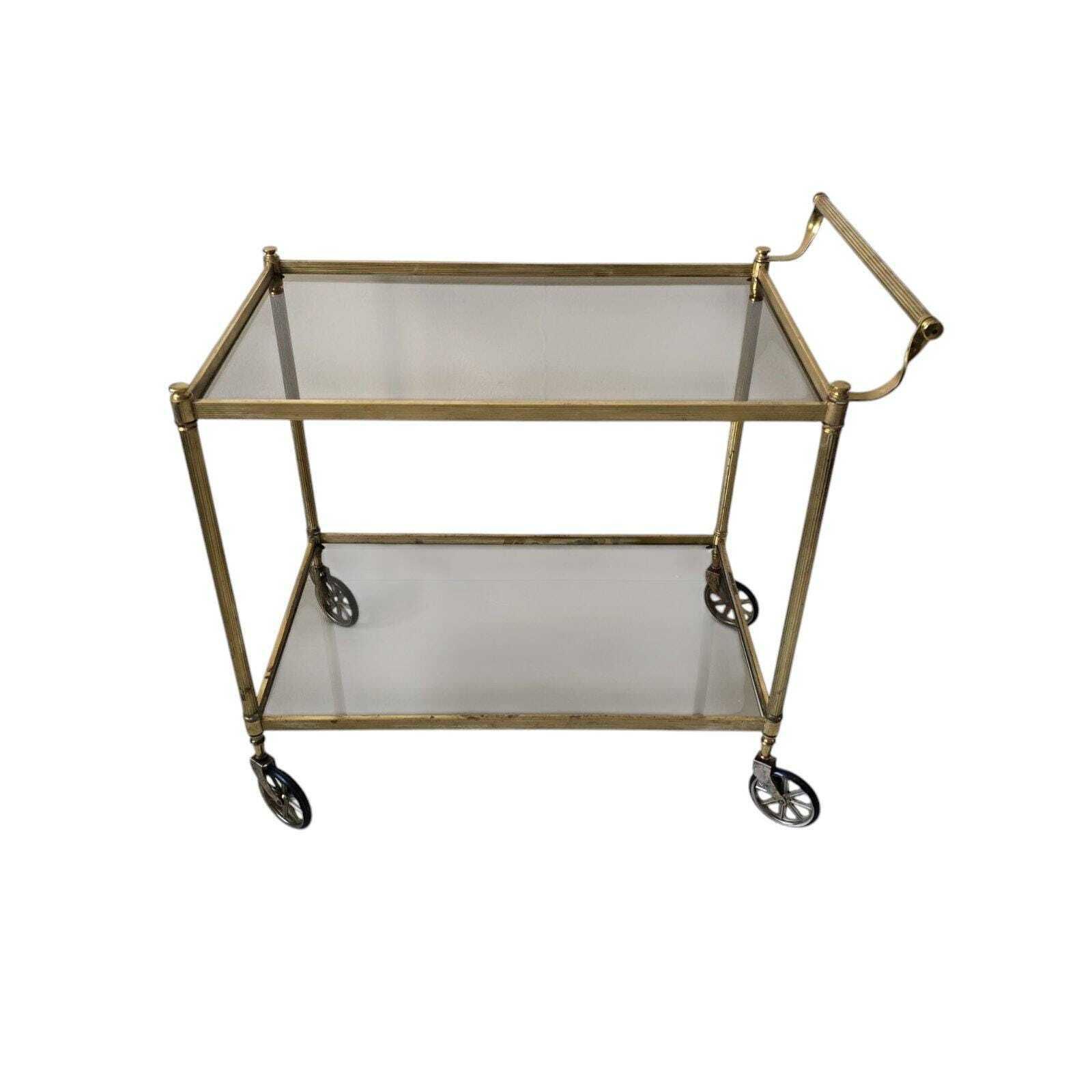Vintage Mid Century Modern Brass And Smoky Glass Bar Cart On Wheels photo 356.0