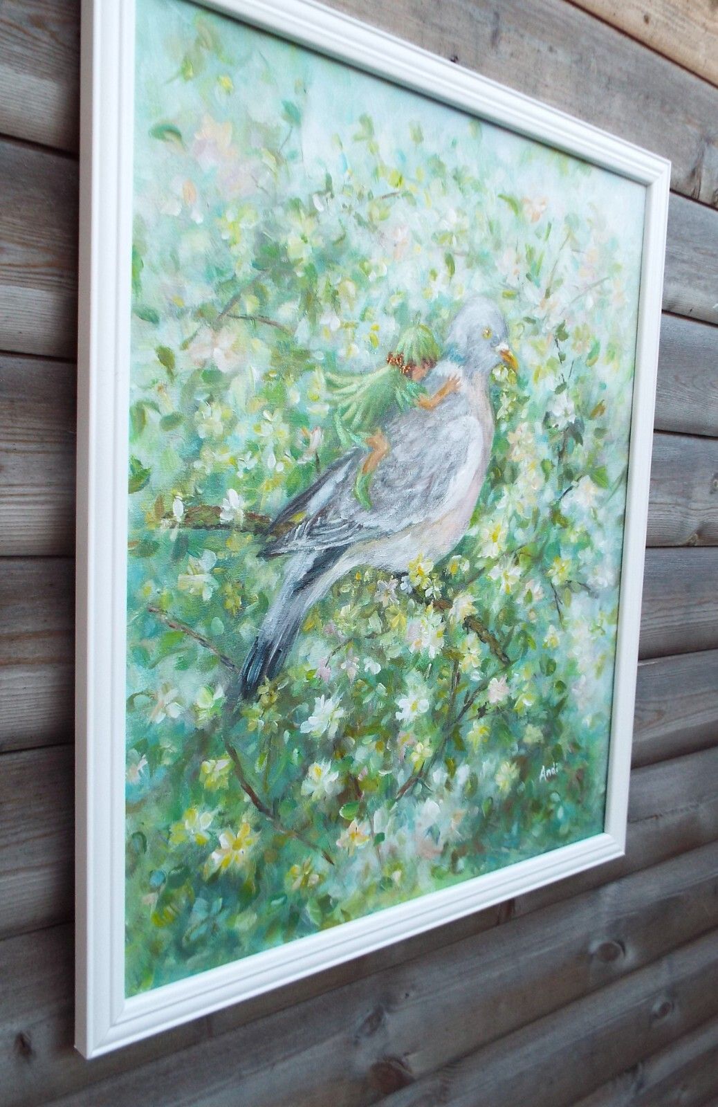 Fantasy Art Large Framed Original Painting Floral Wood Pigeon Pixie Andi J Lucas photo buy