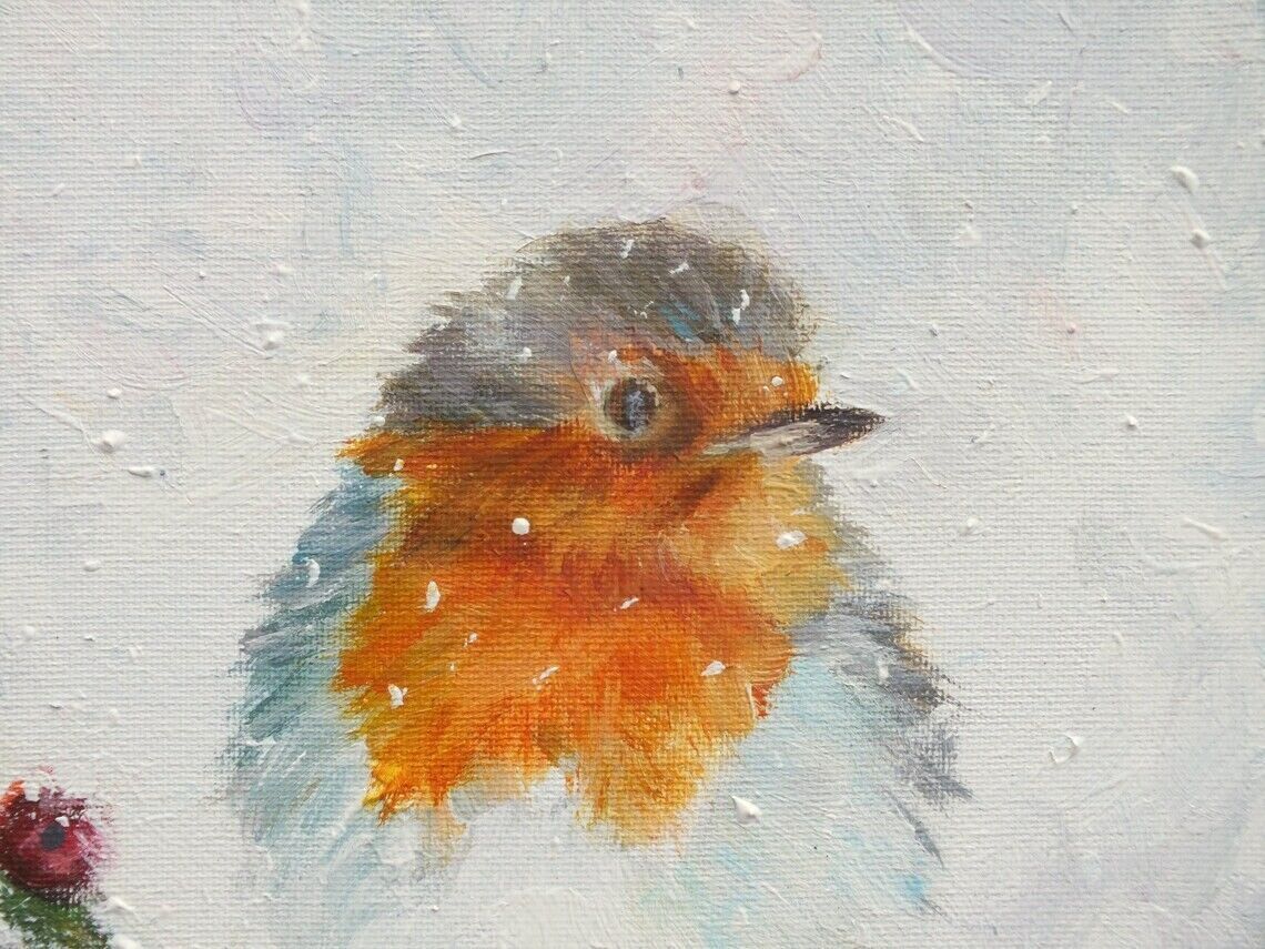 European British Robin In Winter Original Painting Signed Framed Andi J Lucas photo furniture