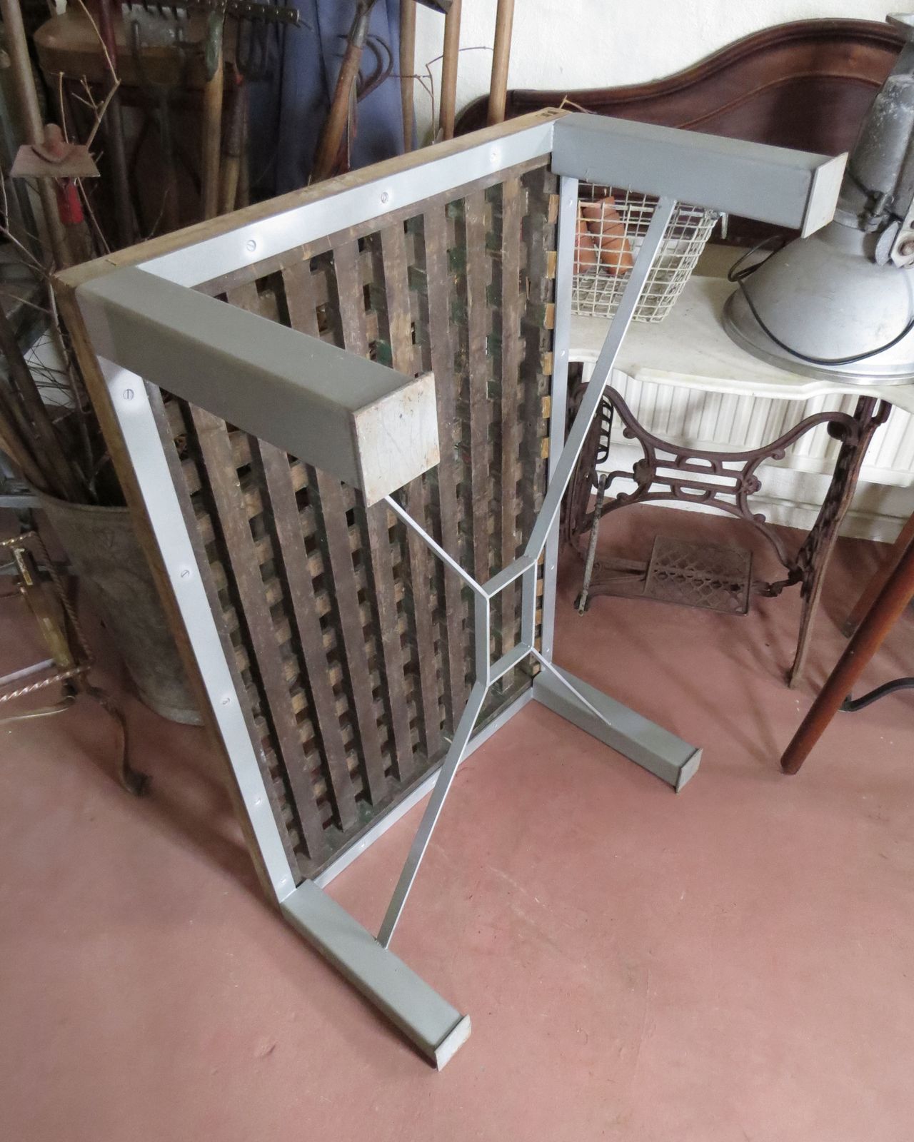 Industrial Garden Table. Teak Duck Grating Top With Steel Base. photo for sale